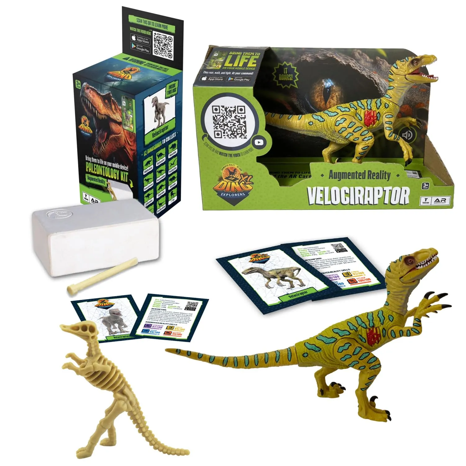 AR Dinosaur XL & Brick Combo - Velociraptor - 10" Articulated Sound Toy Figure & Paleontology Dig Kit, Augmented Reality Set, Kids 3 