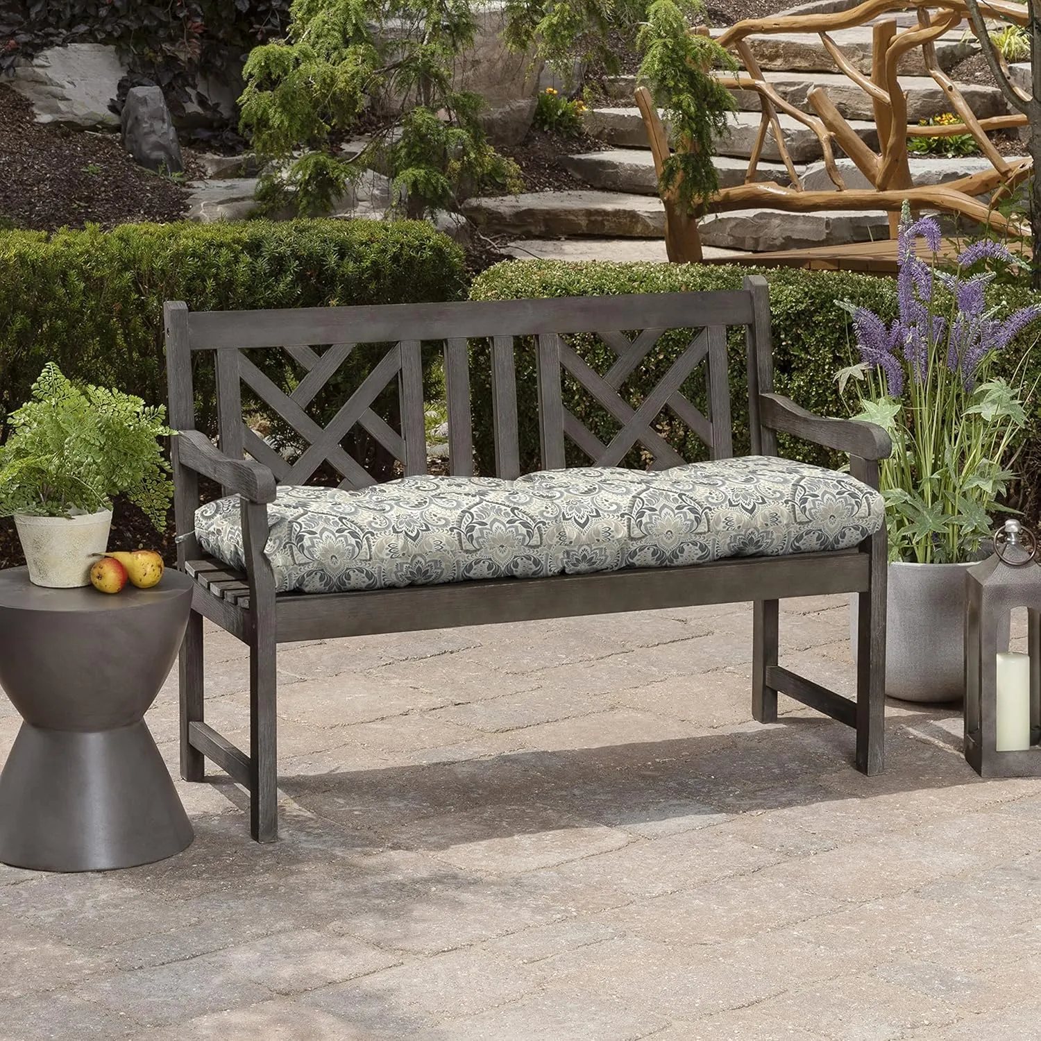 Arden Selections Outdoor Plush Modern Tufted Bench Cushion, 48 x 18, Water Repellent, Fade Resistant, Tufted Bench Cushion for Bench and Swing 48 x 18, Neutral Aurora Damask