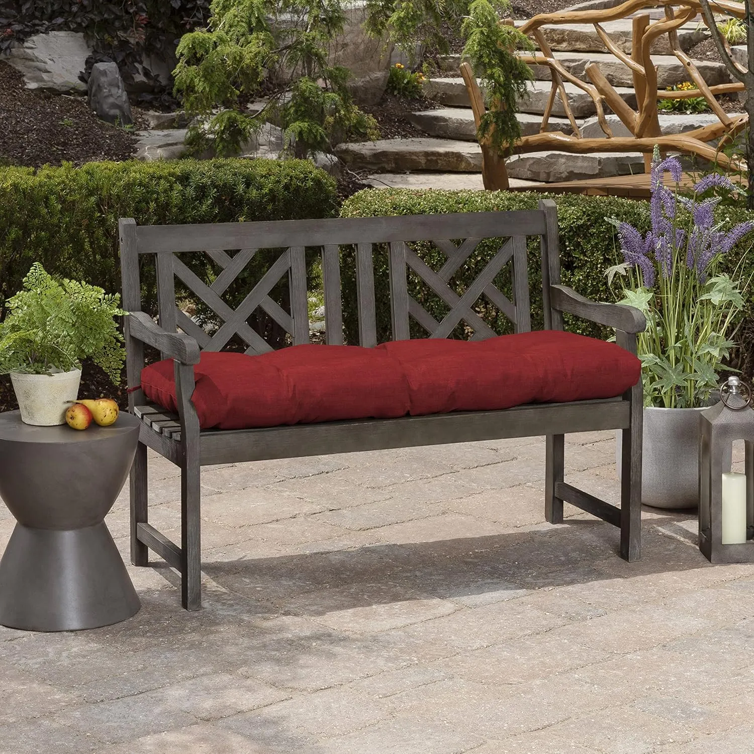Arden Selections Outdoor Plush Modern Tufted Bench Cushion, 48 x 18, Water Repellent, Fade Resistant, Tufted Bench Cushion for Bench and Swing 48 x 18, Ruby Red Leala