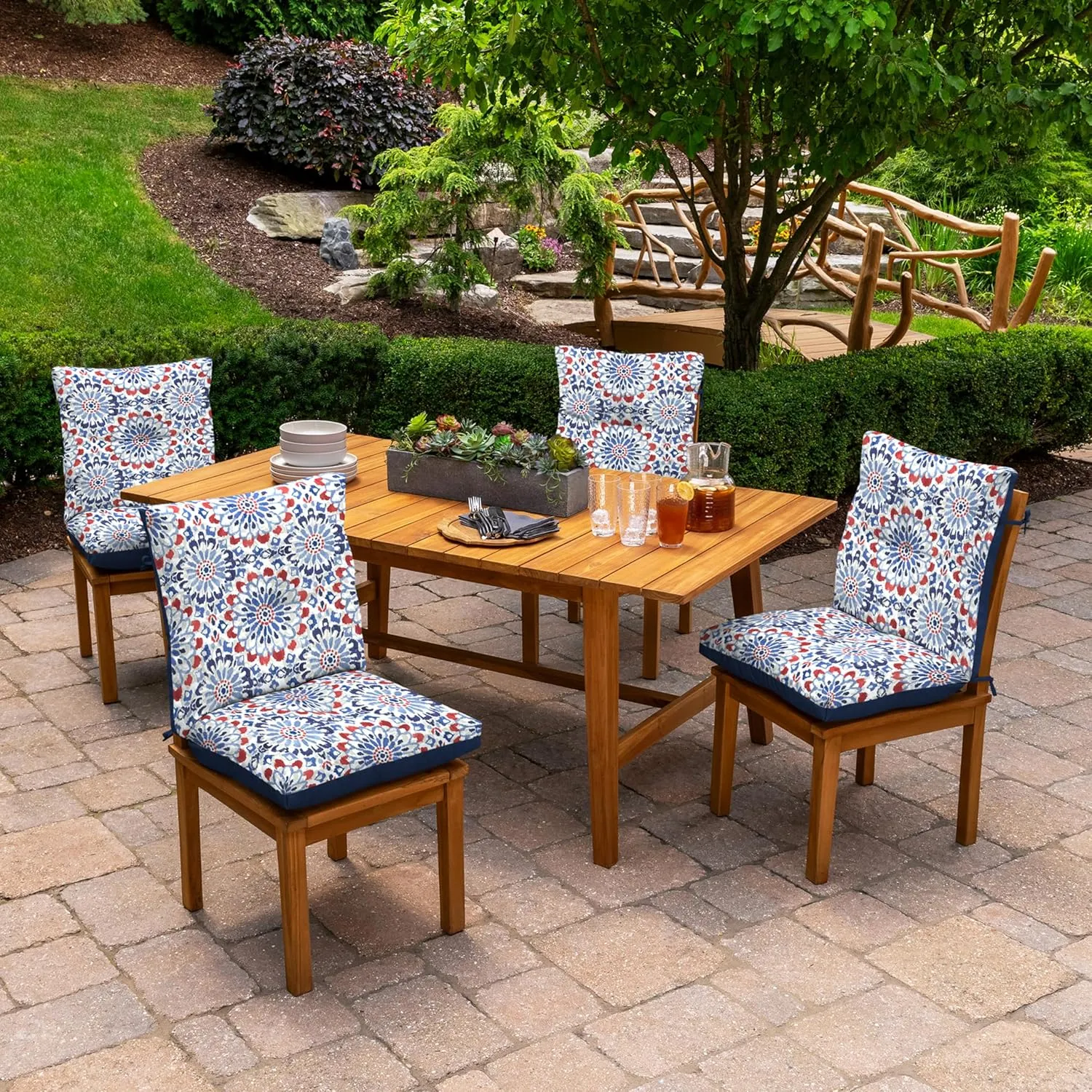 Arden Selections Outdoor Plush Modern Tufted Blowfill Dining Chair Cushion, 21 x 40, Water Repellent, Fade Resistant, Tufted Cushion for Dining and Bistro Chairs, Clark Blue