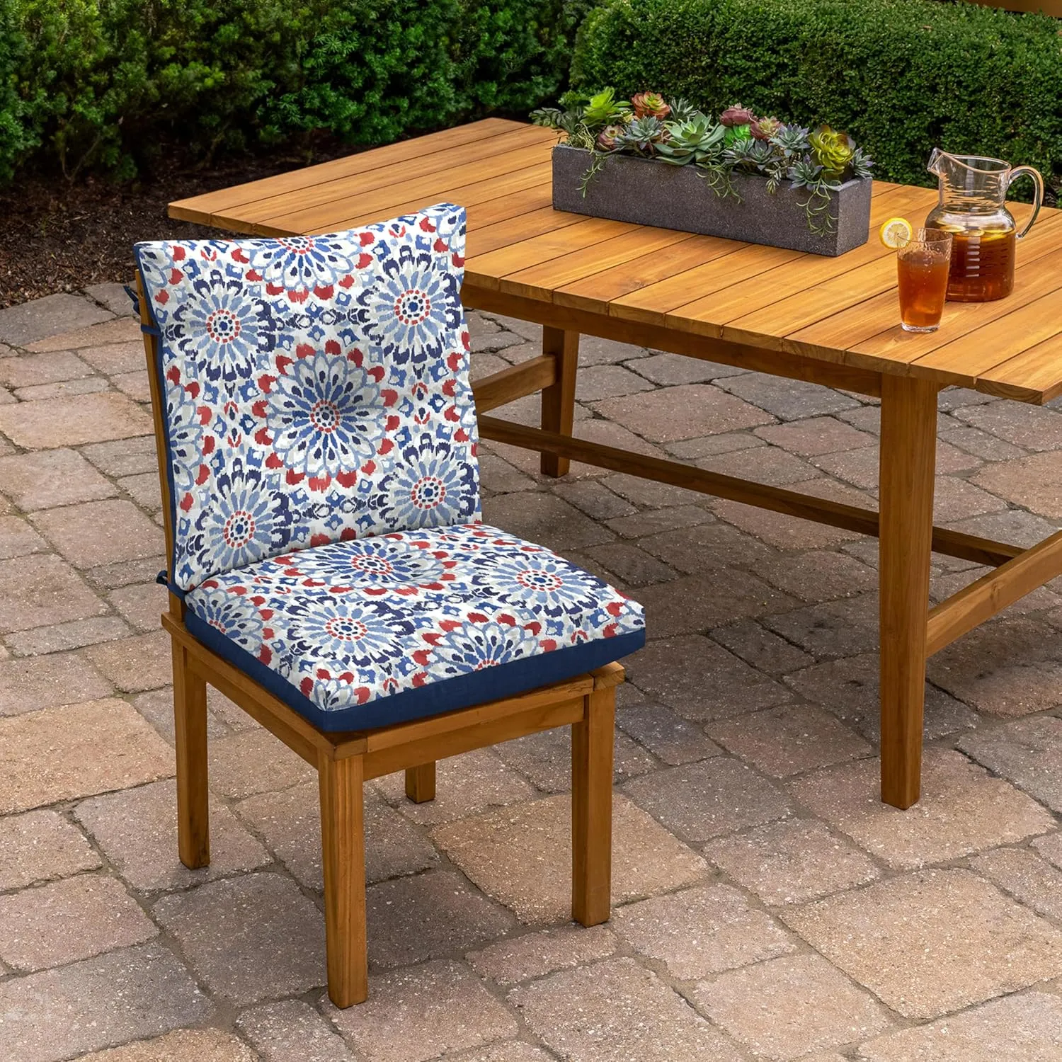 Arden Selections Outdoor Plush Modern Tufted Blowfill Dining Chair Cushion, 21 x 40, Water Repellent, Fade Resistant, Tufted Cushion for Dining and Bistro Chairs, Clark Blue