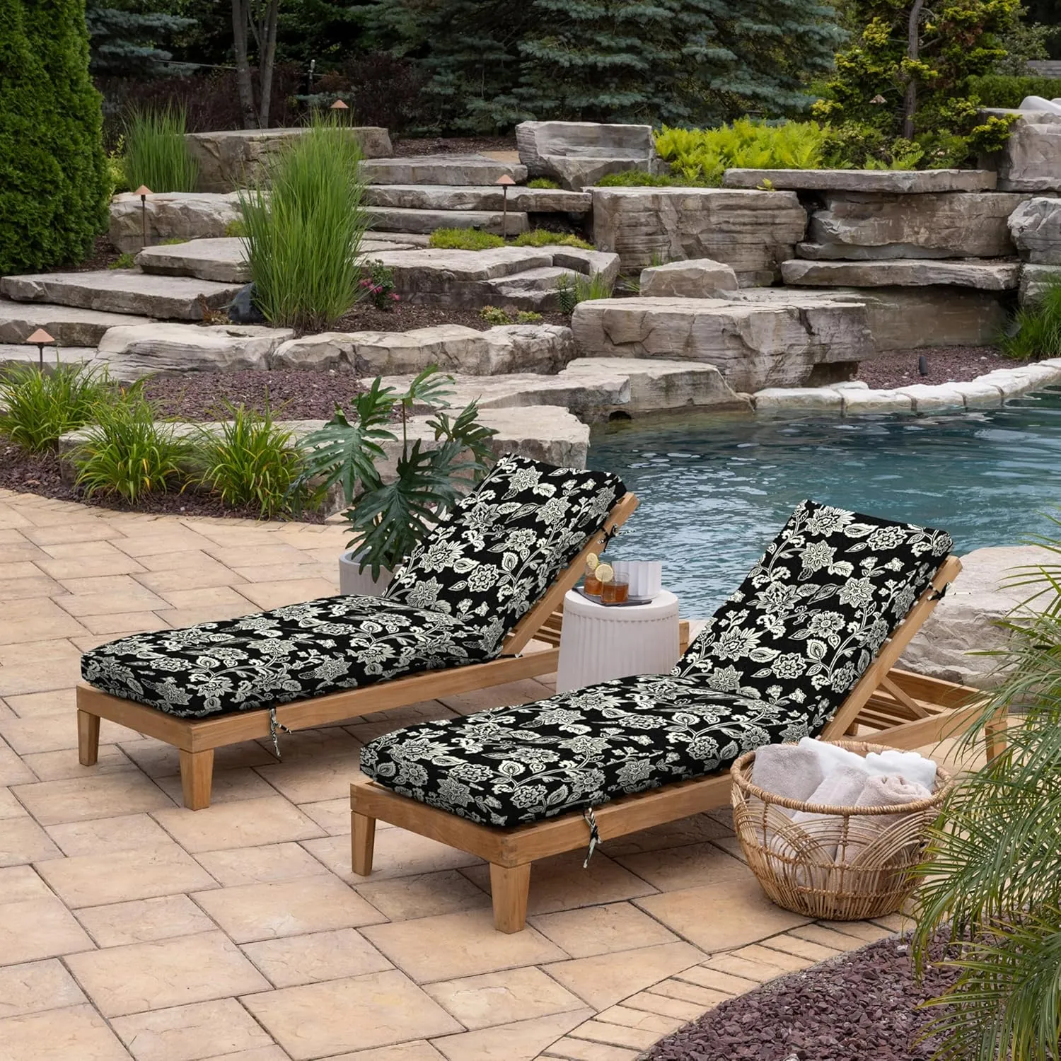 Arden Selections Outdoor Plush Modern Tufted Chaise Cushion, 76 x 22, Water Repellent, Fade Resistant, Tufted Cushion for Chaise Lounger 76 x 22, Ashland Black Jacobean