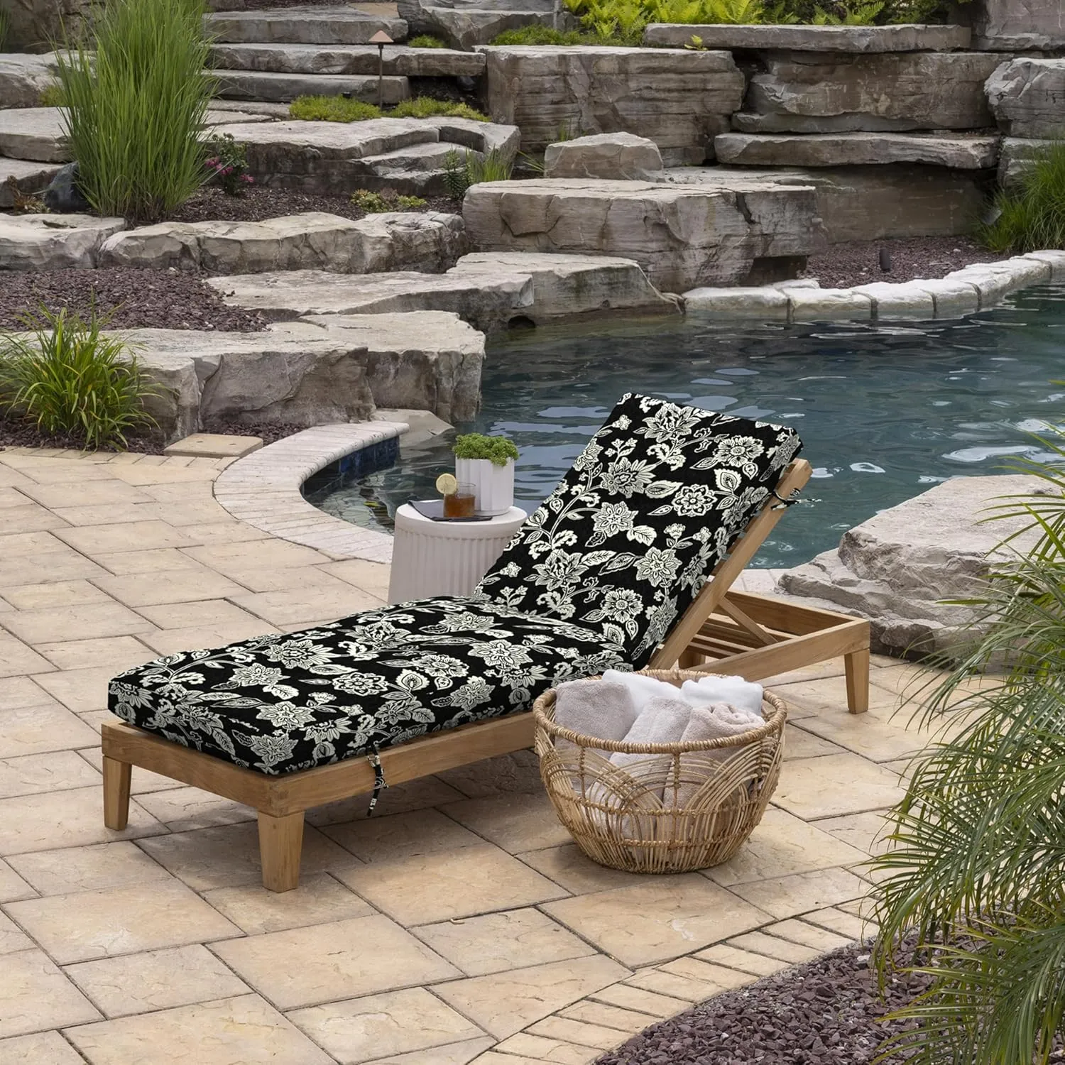 Arden Selections Outdoor Plush Modern Tufted Chaise Cushion, 76 x 22, Water Repellent, Fade Resistant, Tufted Cushion for Chaise Lounger 76 x 22, Ashland Black Jacobean