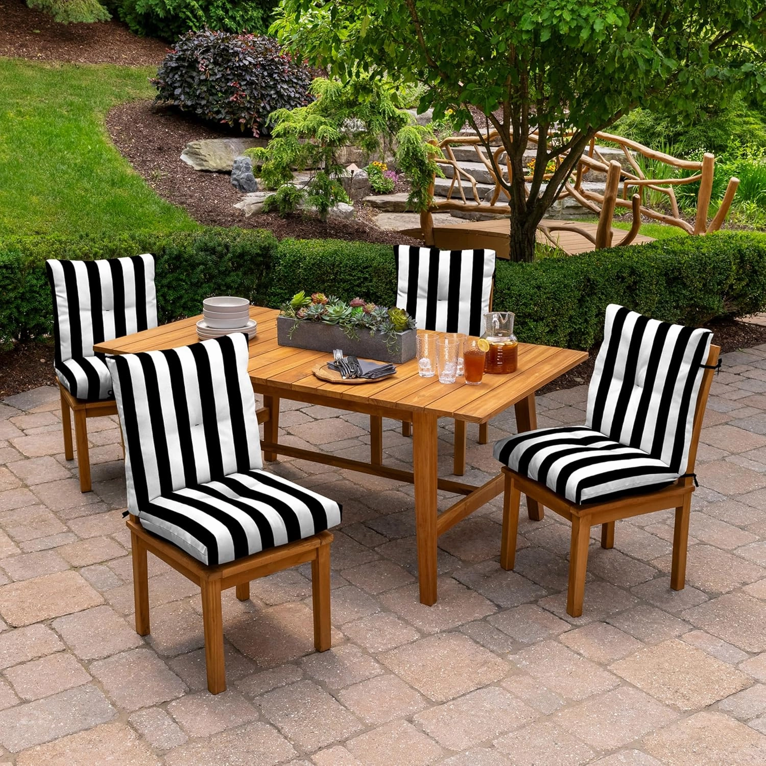 Arden Outdoor Plush Modern Tufted Blowfill Dining Chair Cushion, 21 x 40, Rain-Proof, Fade Resistant, Tufted Cushion for Dining and Bistro Chairs Black Cabana Stripe