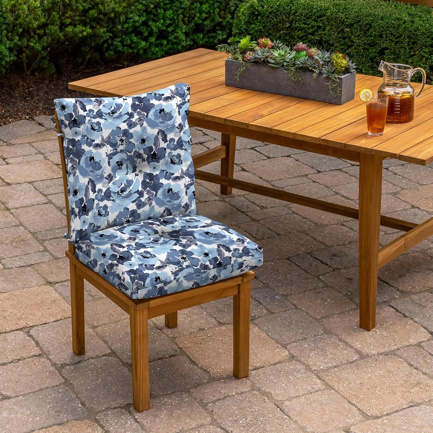 Arden Selections Outdoor Plush Modern Tufted Blowfill Dining Chair Cushion, 21 x 40, Water Repellent, Fade Resistant, Tufted Cushion for Dining and Bistro Chairs, Blue Garden Floral
