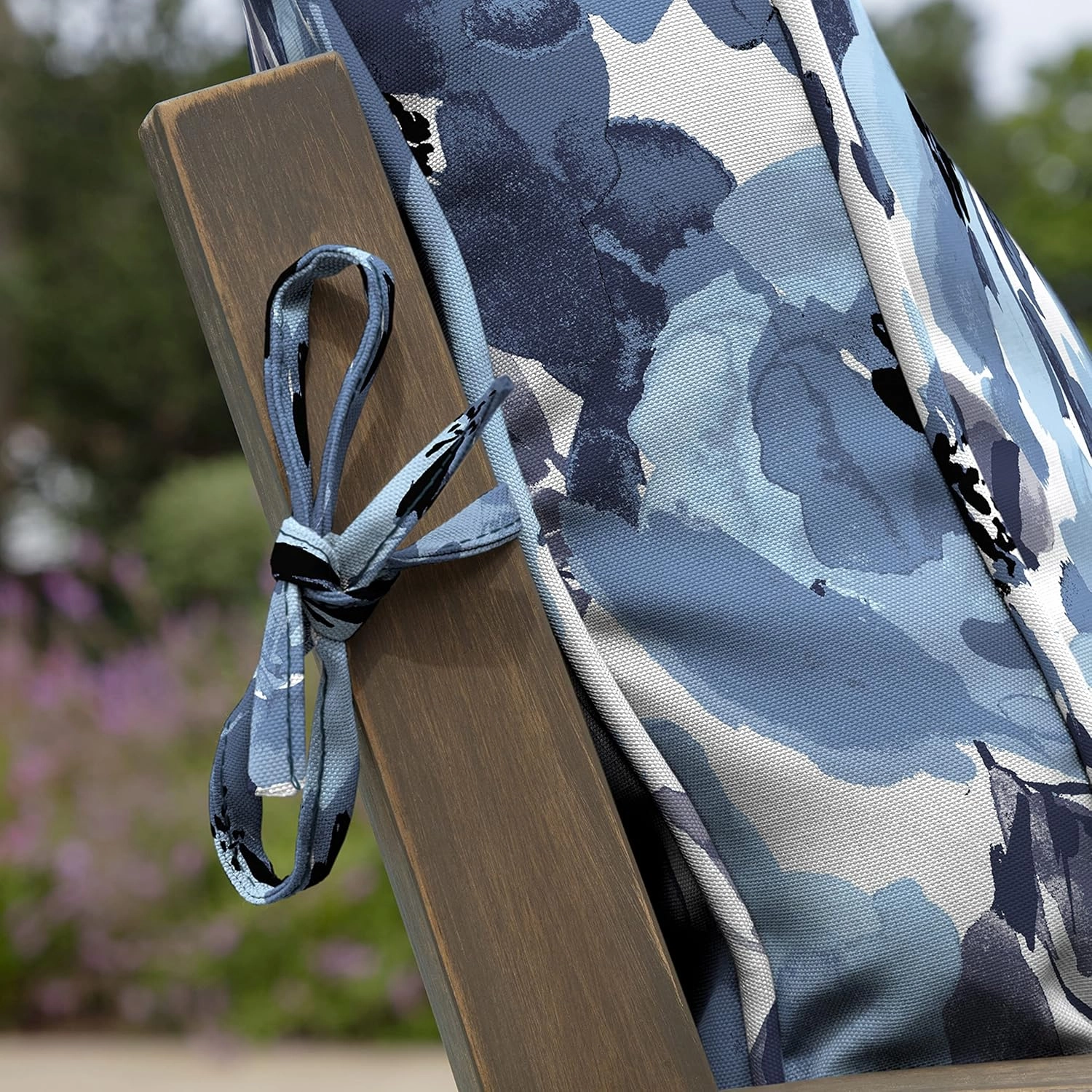 Arden Selections Outdoor Plush Modern Tufted Blowfill Dining Chair Cushion, 21 x 40, Water Repellent, Fade Resistant, Tufted Cushion for Dining and Bistro Chairs, Blue Garden Floral