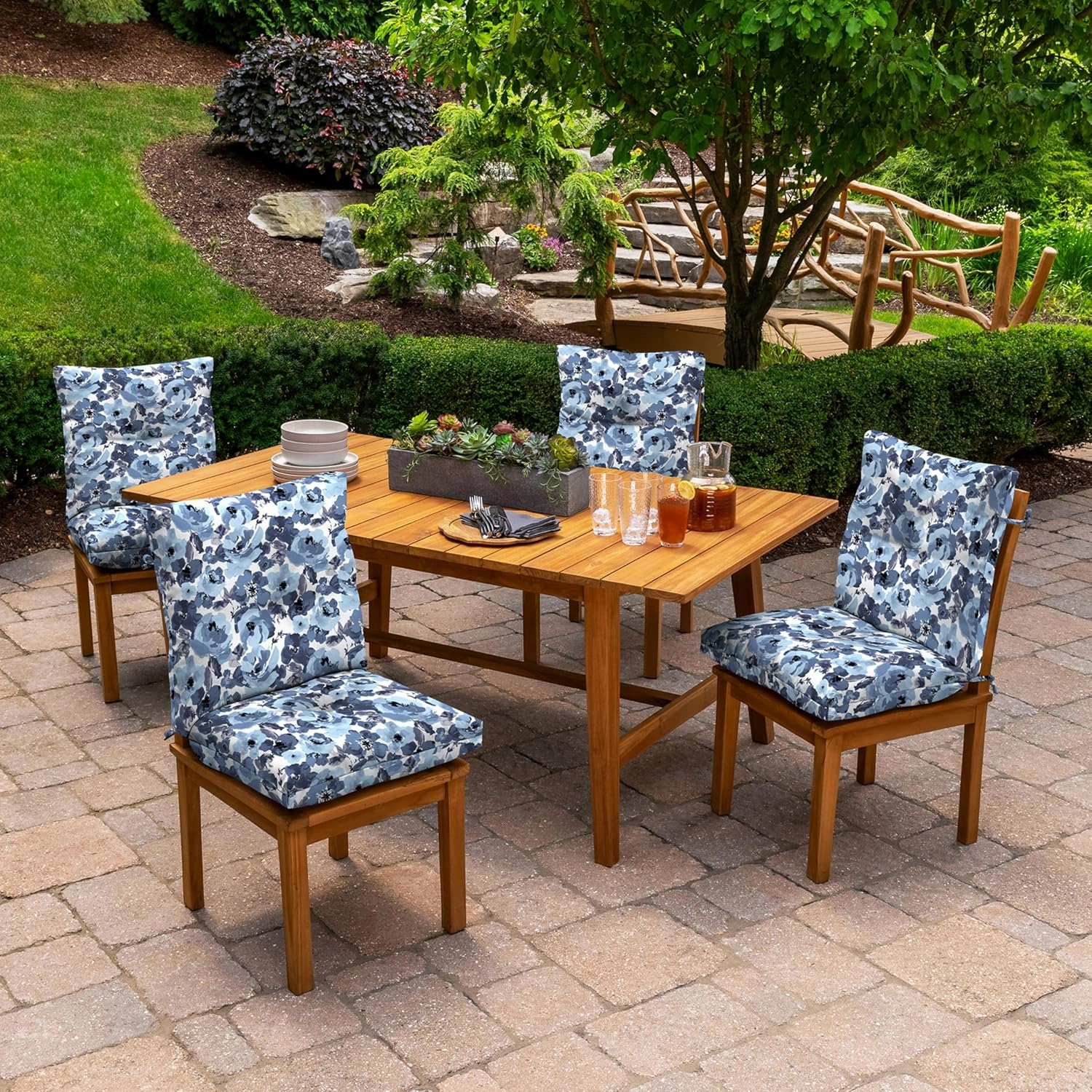 Arden Selections Outdoor Plush Modern Tufted Blowfill Dining Chair Cushion, 21 x 40, Water Repellent, Fade Resistant, Tufted Cushion for Dining and Bistro Chairs, Blue Garden Floral