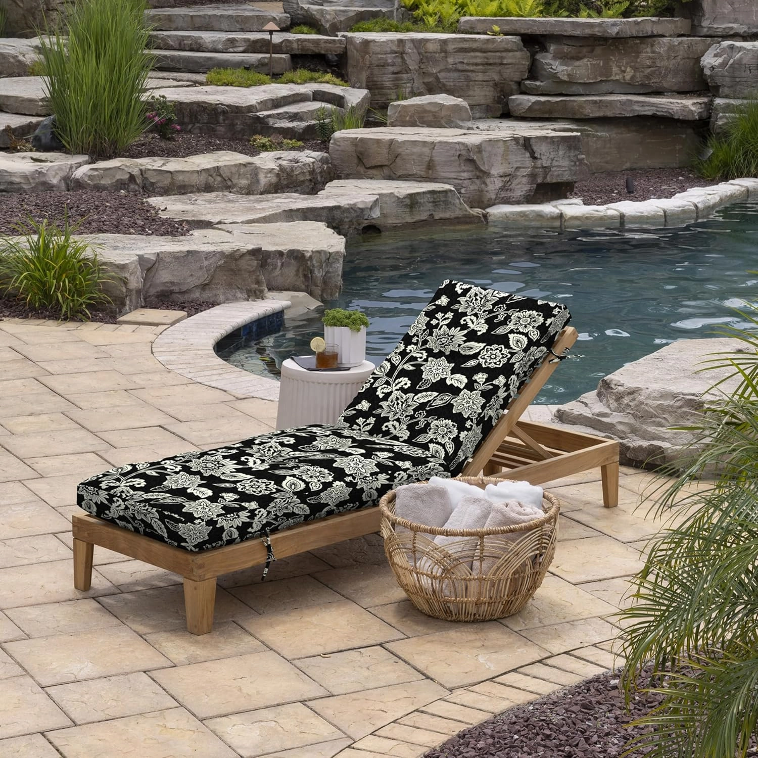 Arden Selections Outdoor Plush Modern Tufted Chaise Cushion, 76 x 22, Water Repellent, Fade Resistant, Tufted Cushion for Chaise Lounger 76 x 22, Ashland Black Jacobean