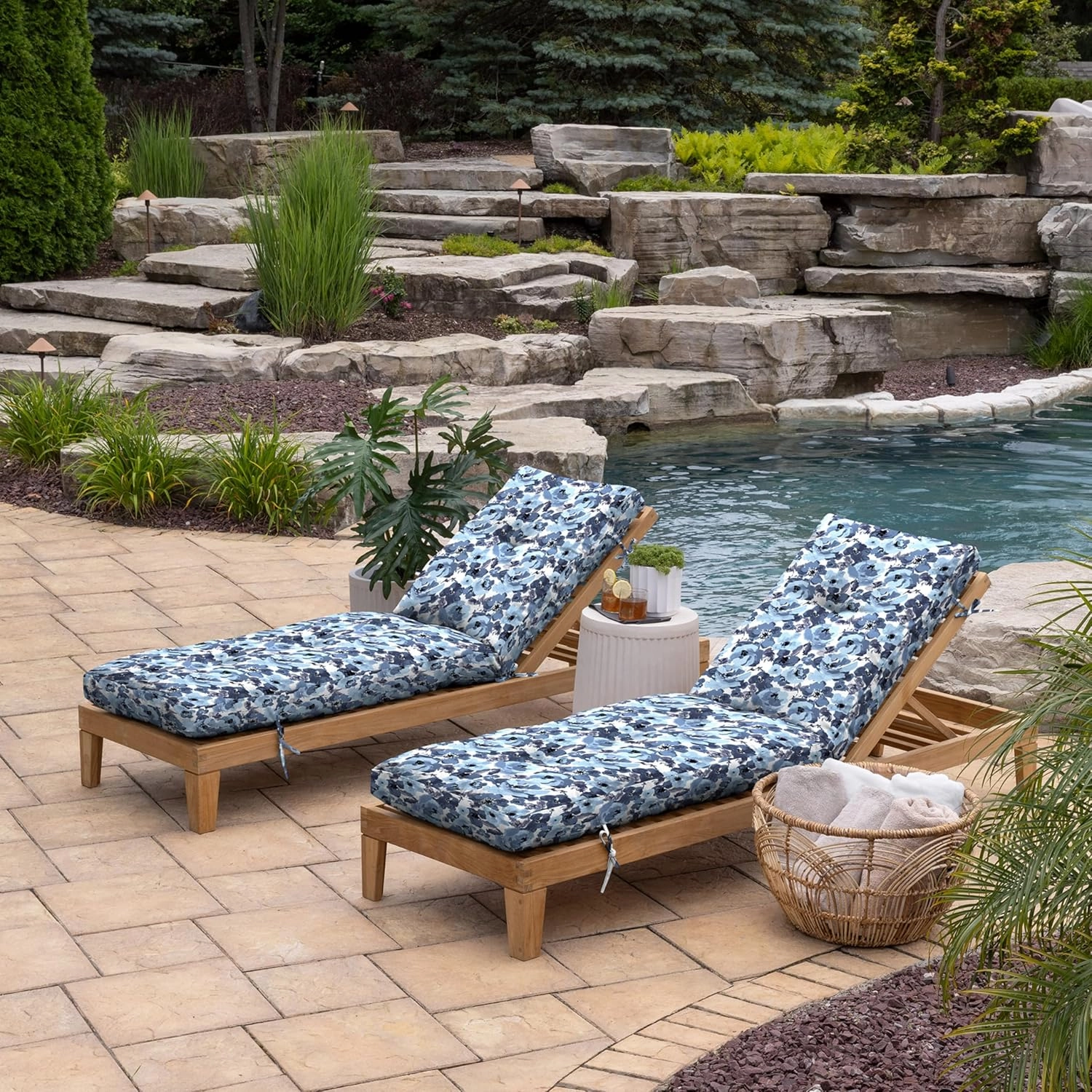 Arden Selections Outdoor Plush Modern Tufted Chaise Cushion, 76 x 22, Water Repellent, Fade Resistant, Tufted Cushion for Chaise Lounger 76 x 22, Blue Garden Floral