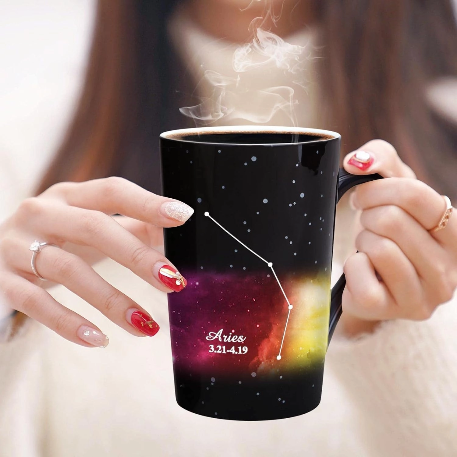 Aries Heat Changing Constellation Mug 12oz,Engraving Horoscope Aries Coffee Mug, Ceramic Color Changing Cup, Unique Holiday Birthday Gift for him and her, March April Magic Presents.