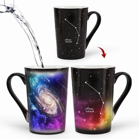 Aries Heat Changing Constellation Mug 12oz,Engraving Horoscope Aries Coffee Mug, Ceramic Color Changing Cup, Unique Holiday Birthday Gift for him and her, March April Magic Presents.