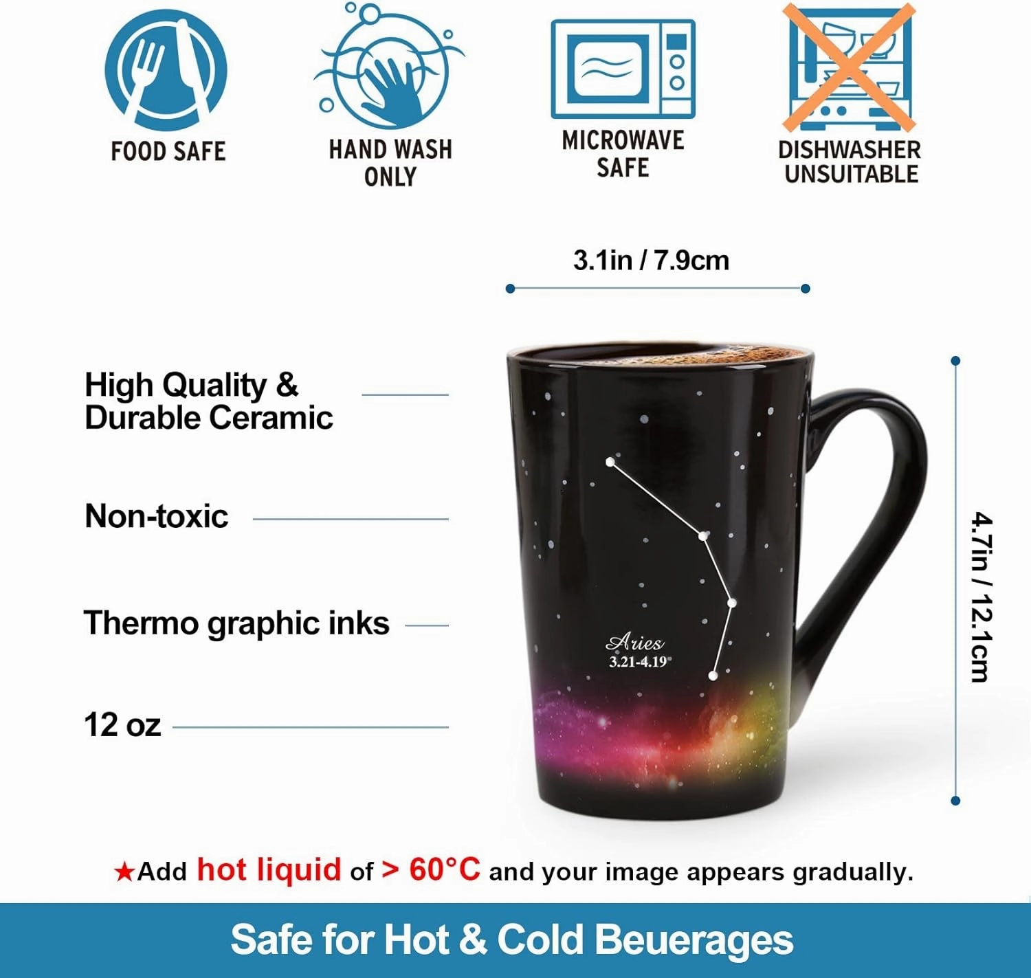Aries Heat Changing Constellation Mug 12oz,Engraving Horoscope Aries Coffee Mug, Ceramic Color Changing Cup, Unique Holiday Birthday Gift for him and her, March April Magic Presents.