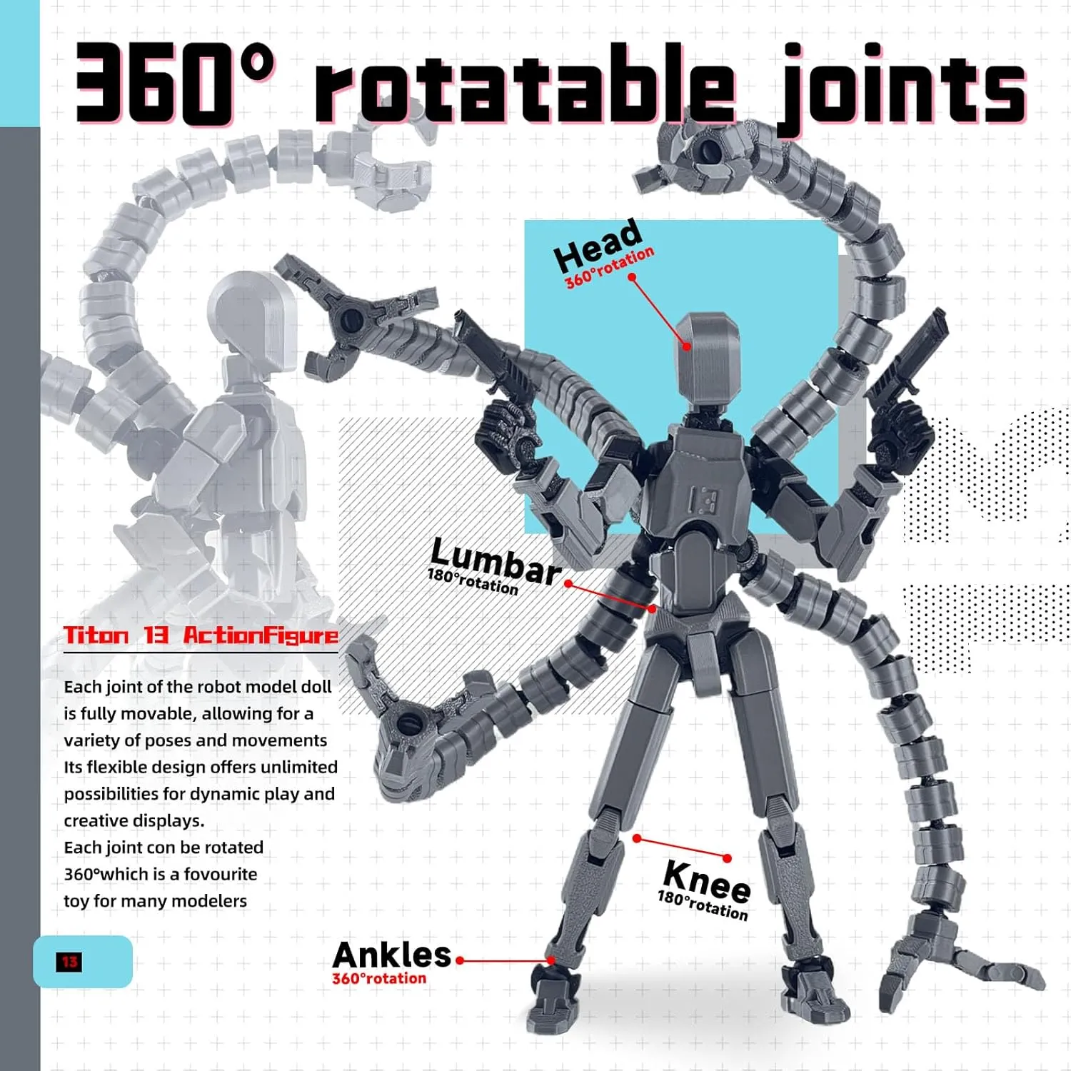 Assembly Completed T13 Action Figure,T13 Action Figure Multi-Jointed Movable,Ultimate Desktop Decor for Lovers t-13 Movability 3D Printed Toys (Black red, 7.2in)