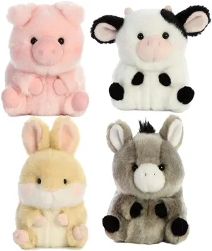 Aurora Rolly Pets Plush Set of 4: Bray Donkey,Daisy Cow,Lively Bunny,and Prankster Pig with Bonus Bag,5 inches