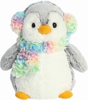 Aurora® Festive Pompom Penguin™ Pom Pom Rainbow Muffs™ Stuffed Animal - Vibrant Companions - Endless Fun - Gray 9 Inches