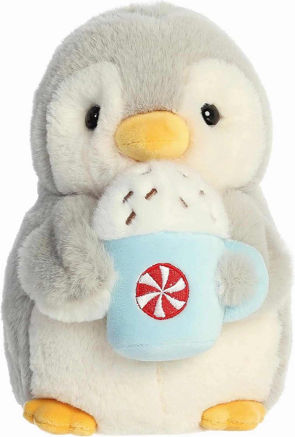 Aurora® Festive Pompom Penguin™ Pompom™ with Latte Stuffed Animal - Vibrant Companions - Endless Fun - Gray 8 Inches