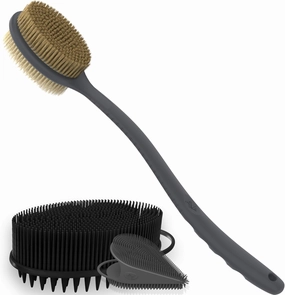 Avilana Style 3 Silicone Body Scrubber (Black)   Long Handle Soft & Stiff Scrubber (Gray)   Face Scrubber (Gray) | Quick-Dry Shower Set for Full-Body Cleansing, Exfoliation & Facial Care