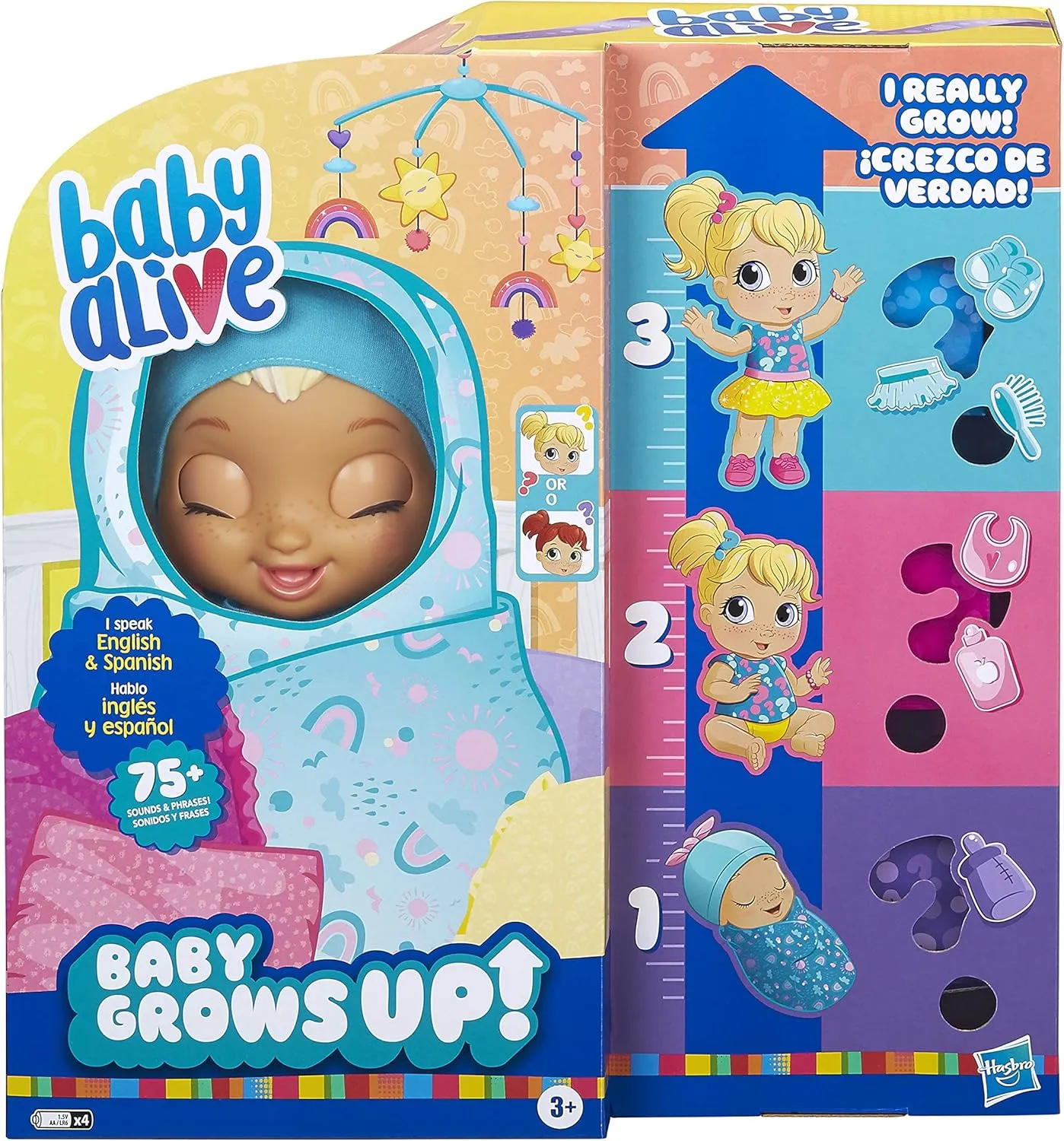 Baby Alive Baby Grows Up (Happy) - Happy Hope or Merry Meadow, Growing and Talking Baby Doll, Toy with 1 Surprise Doll and 8 Accessories, Blue