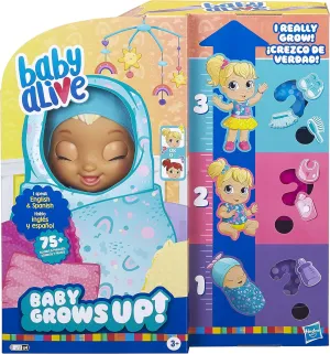 Baby Alive Baby Grows Up (Happy) - Happy Hope or Merry Meadow, Growing and Talking Baby Doll, Toy with 1 Surprise Doll and 8 Accessories, Blue