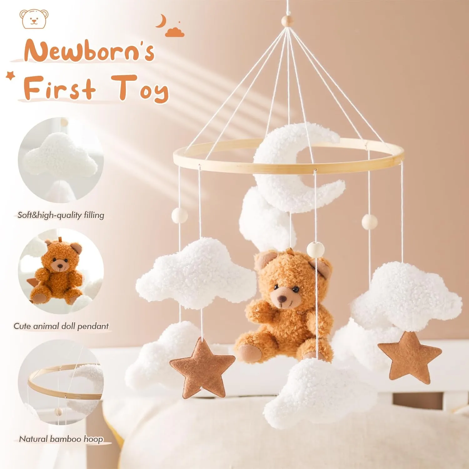 Baby Mobile for Crib Bear Cloud Crib Mobile Handmade Furry Nursery Mobile Gender Neutral Crib Toy Hanging for Nursery Decor Accessories