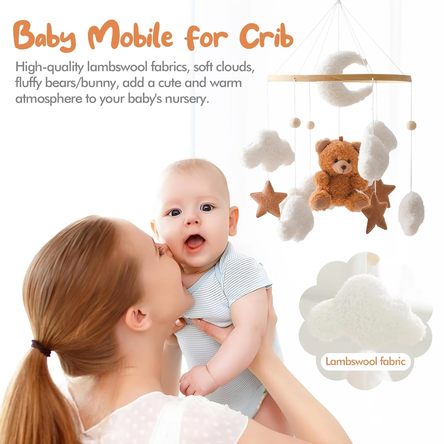 Baby Mobile for Crib Bear Cloud Crib Mobile Handmade Furry Nursery Mobile Gender Neutral Crib Toy Hanging for Nursery Decor Accessories