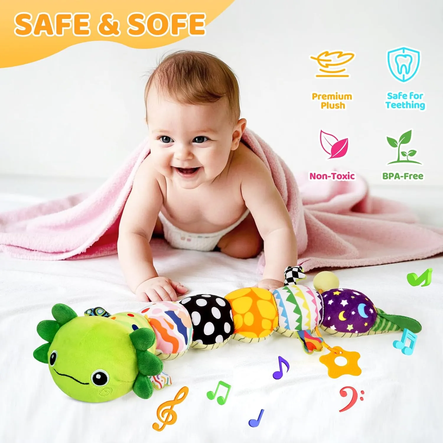 Baby Toys for 0-6 6-12 Months, Plush Axolotl Toy with Mirror Crinkle and Rattle for Infant Newborn Tummy Time Sensory Music Stuffed Animal Toy for 0-3-6-12 Month Baby Boys Girls Shower Gifts