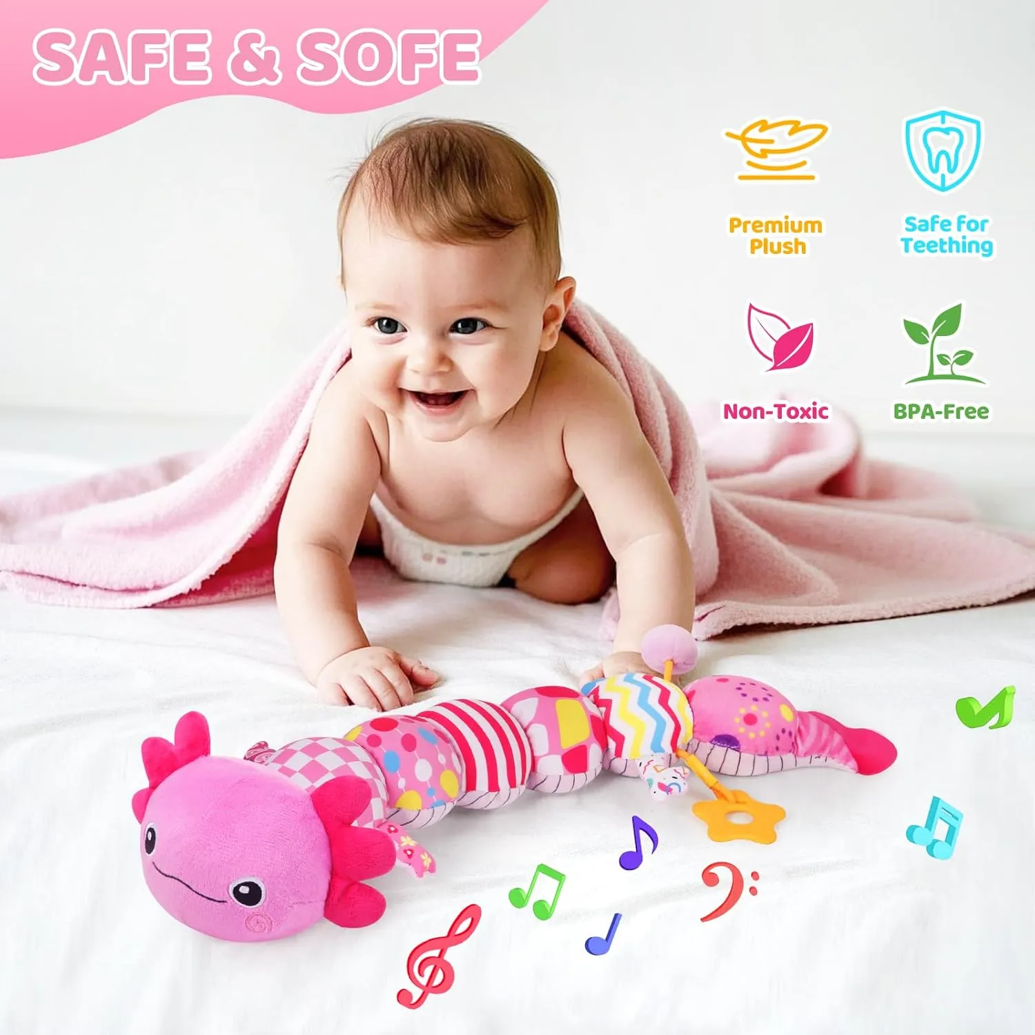 Baby Toys for 0-6 6-12 Months, Plush Axolotl Toy with Mirror Crinkle and Rattle for Infant Newborn Tummy Time Sensory Music Stuffed Animal Toy for 0-3-6-12 Month Baby Boys Girls Shower Gifts