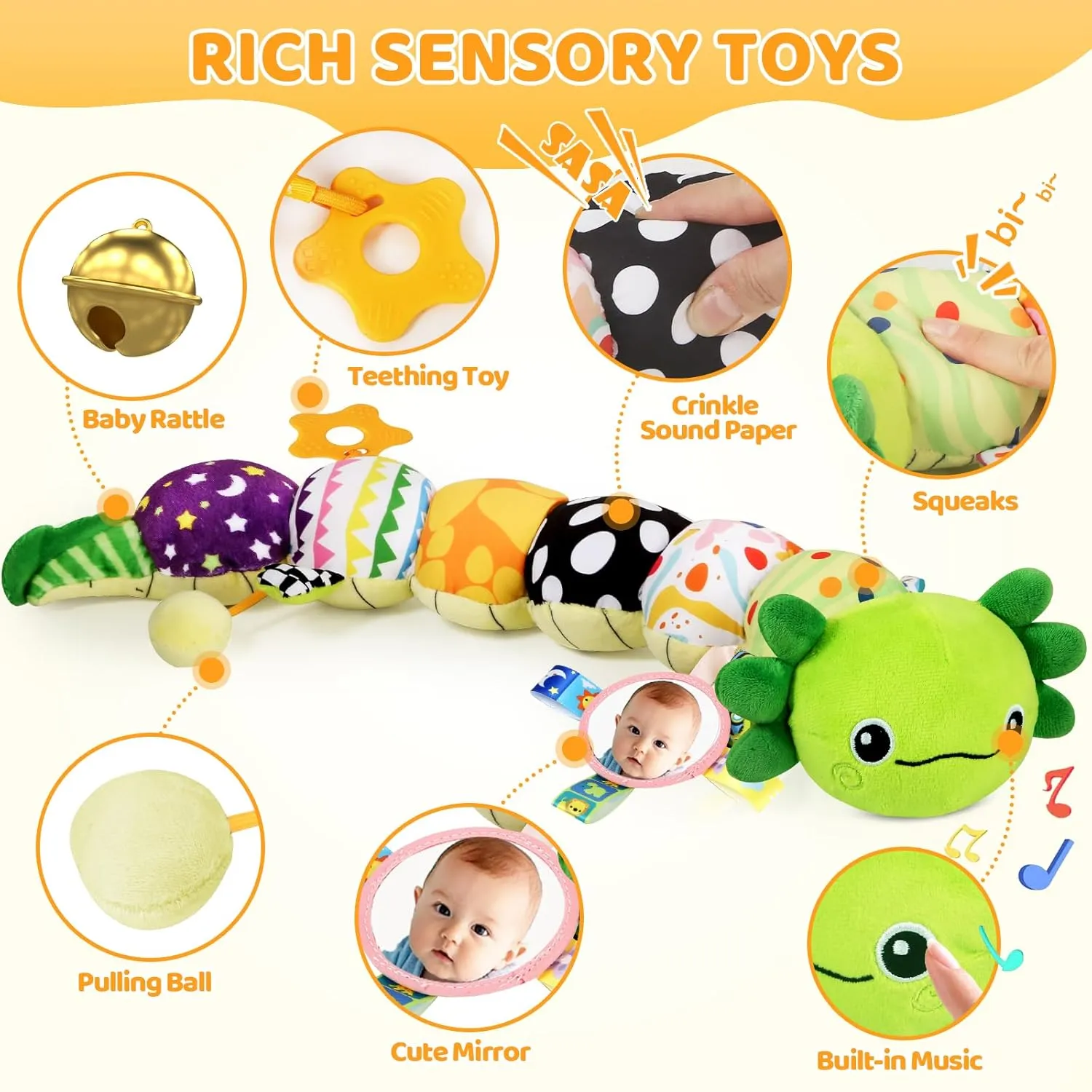 Baby Toys for 0-6 6-12 Months, Plush Axolotl Toy with Mirror Crinkle and Rattle for Infant Newborn Tummy Time Sensory Music Stuffed Animal Toy for 0-3-6-12 Month Baby Boys Girls Shower Gifts
