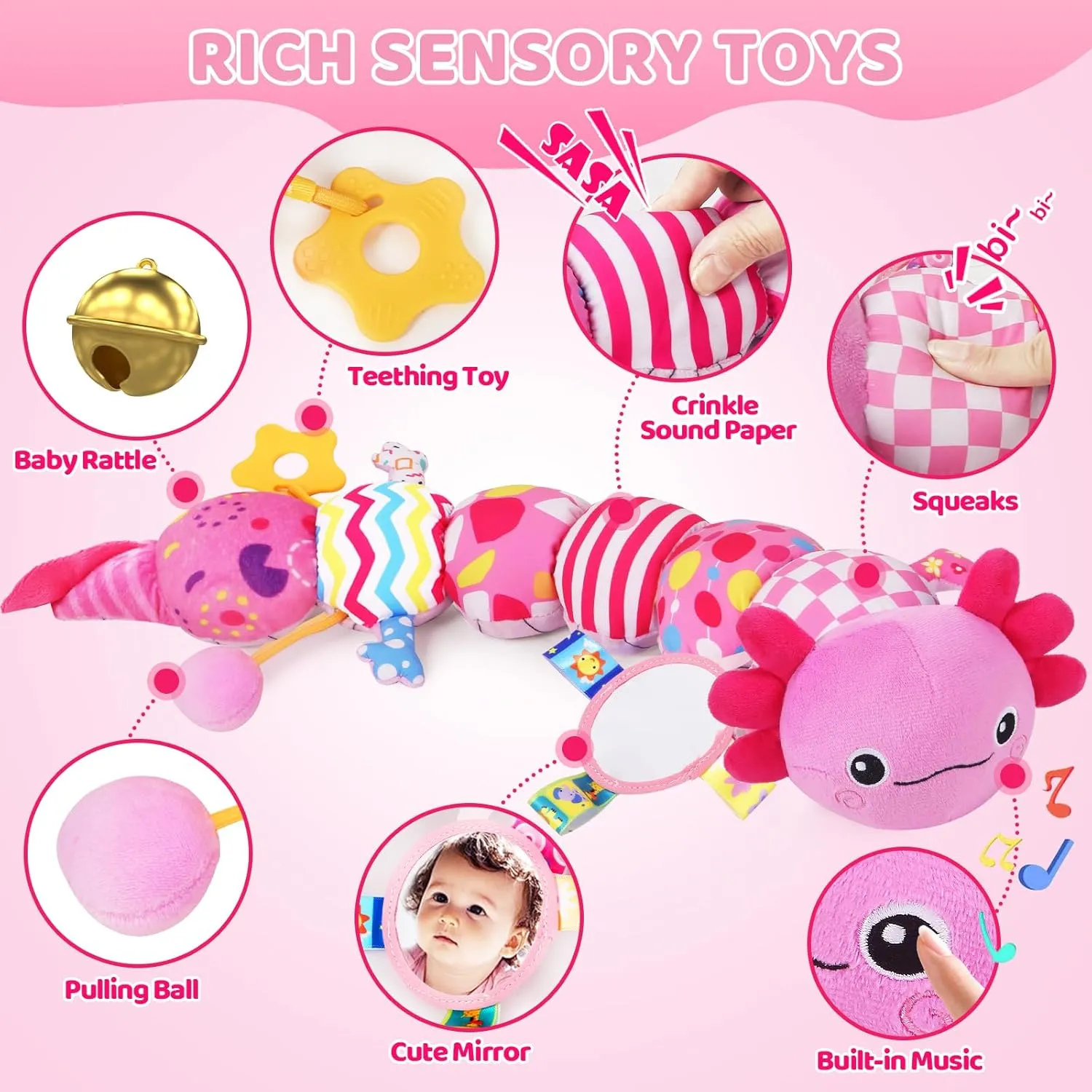 Baby Toys for 0-6 6-12 Months, Plush Axolotl Toy with Mirror Crinkle and Rattle for Infant Newborn Tummy Time Sensory Music Stuffed Animal Toy for 0-3-6-12 Month Baby Boys Girls Shower Gifts