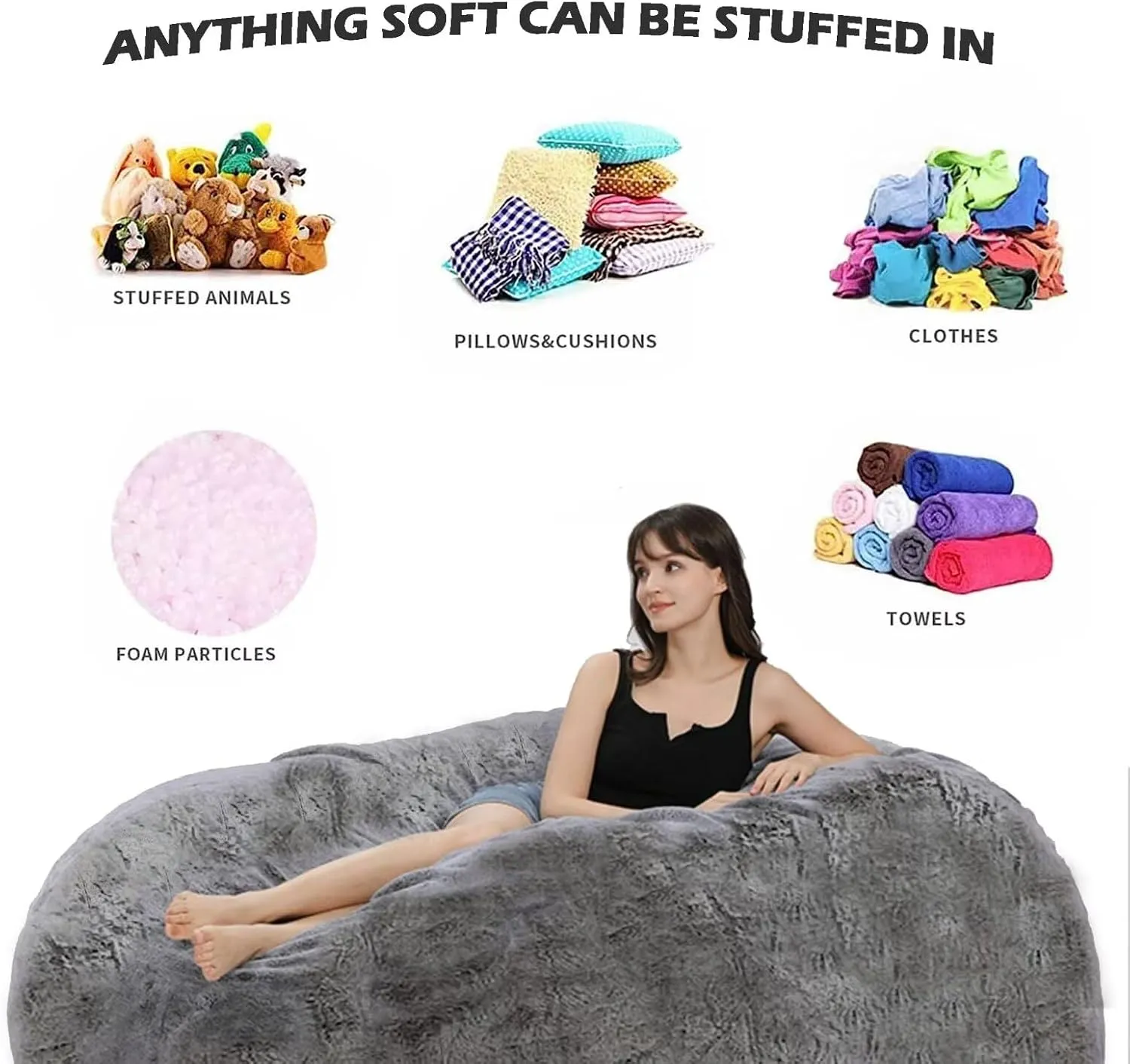 Bean Bag Chair for Adults Kids No Filling Soft Oversized Round Bean Bag Couch Lazy Sofa Cover Love Sack for Bedroom Reading Chair, 5FT, Khaki