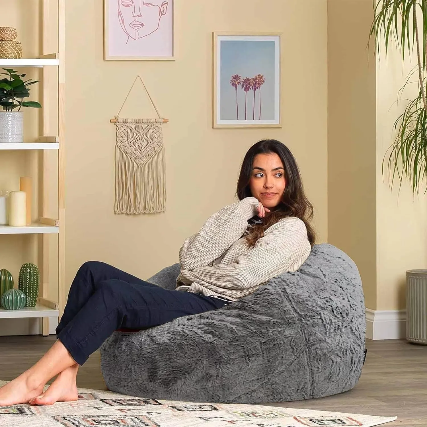 Bean Bag Chair for Adults Kids No Filling Soft Oversized Round Bean Bag Couch Lazy Sofa Cover Love Sack for Bedroom Reading Chair, 5FT, Khaki