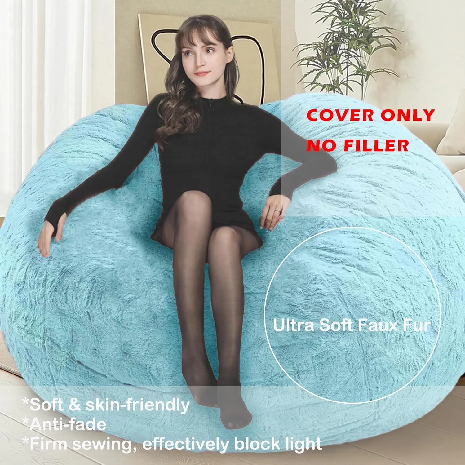 Bean Bag Chair for Adults Kids No Filling Soft Oversized Round Bean Bag Couch Lazy Sofa Cover Love Sack for Bedroom Reading Chair, 5FT, Khaki