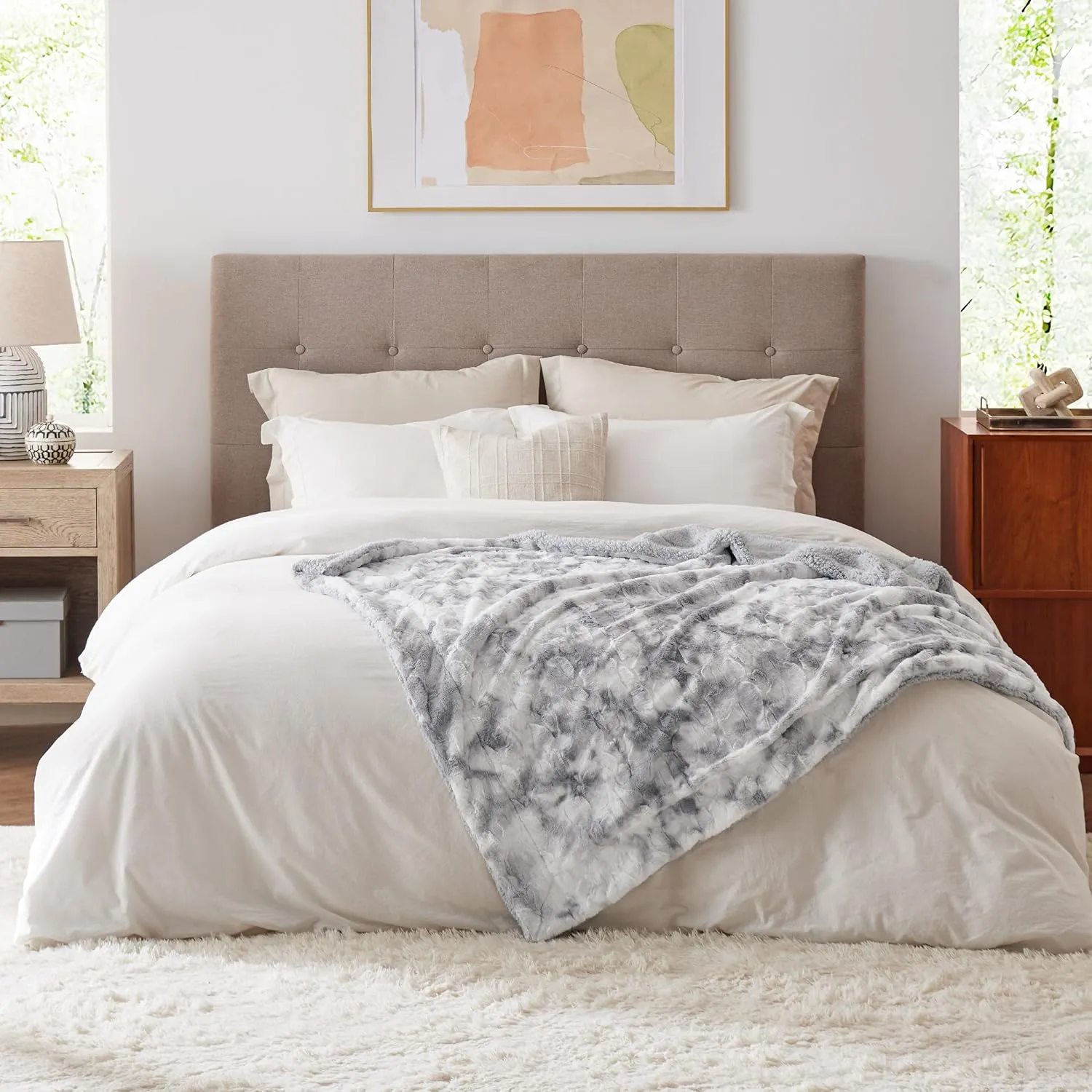 Bedsure Sherpa Fluffy Throw Blanket -Fleece Soft, Warm and Cozy Throw for Women, Plush & Fuzzy Faux Fur Blanket for Couch, Sofa and Bed Decor, Tie Dye Design, Light Grey, 50x60 Inches