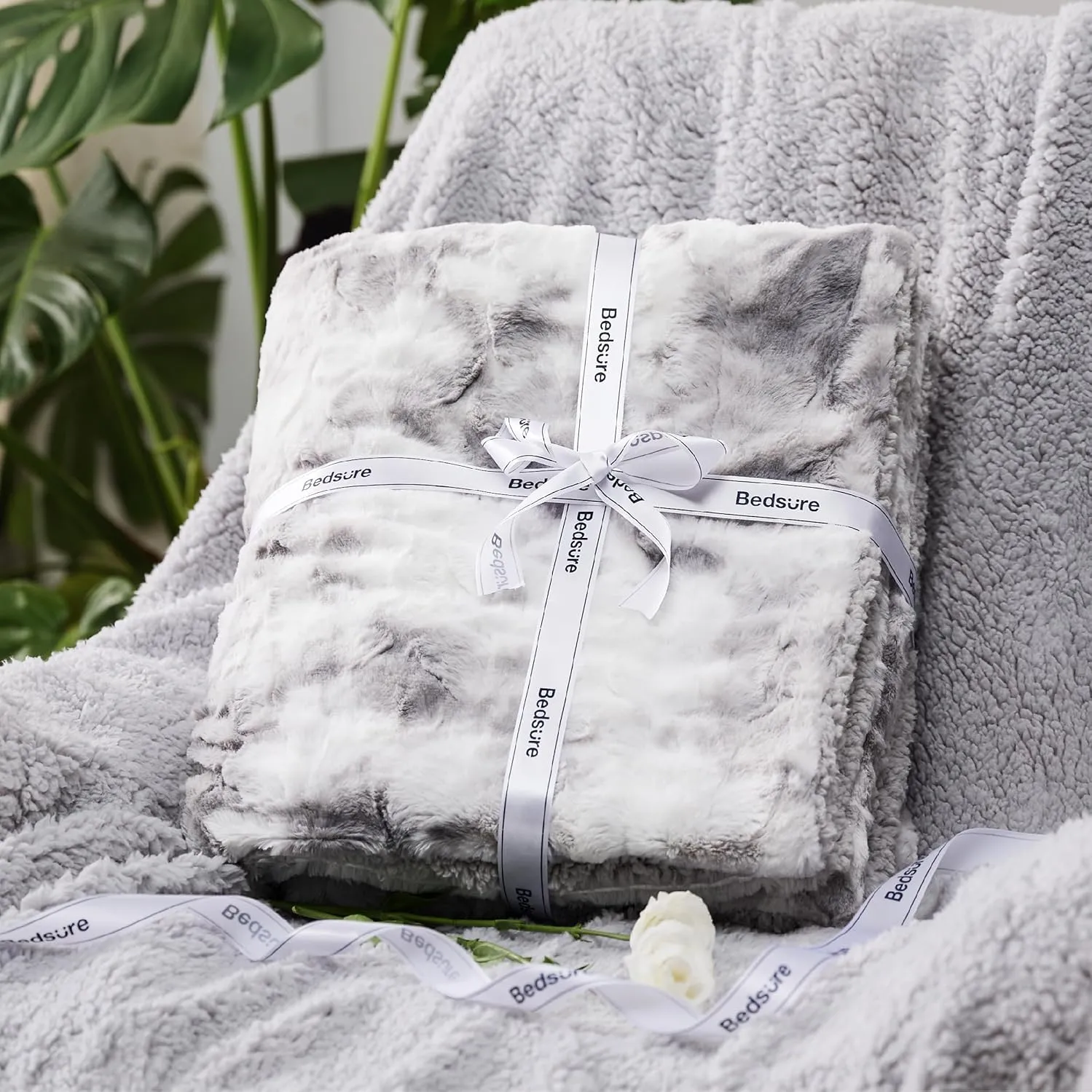 Bedsure Sherpa Fluffy Throw Blanket -Fleece Soft, Warm and Cozy Throw for Women, Plush & Fuzzy Faux Fur Blanket for Couch, Sofa and Bed Decor, Tie Dye Design, Light Grey, 50x60 Inches