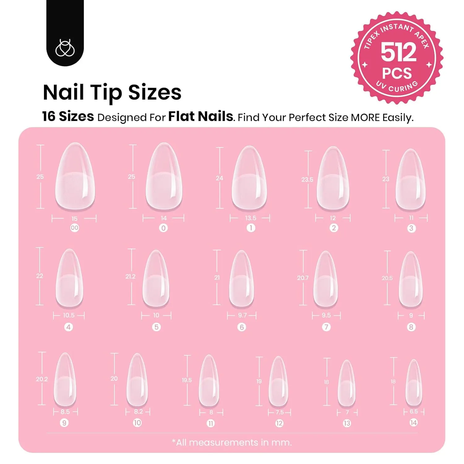 Beetles Tipex Instant Apex Nail Tips Medium Almond: 512 Pcs 16 Sizes Pre-Building Pre-Etched Full Cover Half Matte -Thick Acrylic Nail Tips for Flat Nails