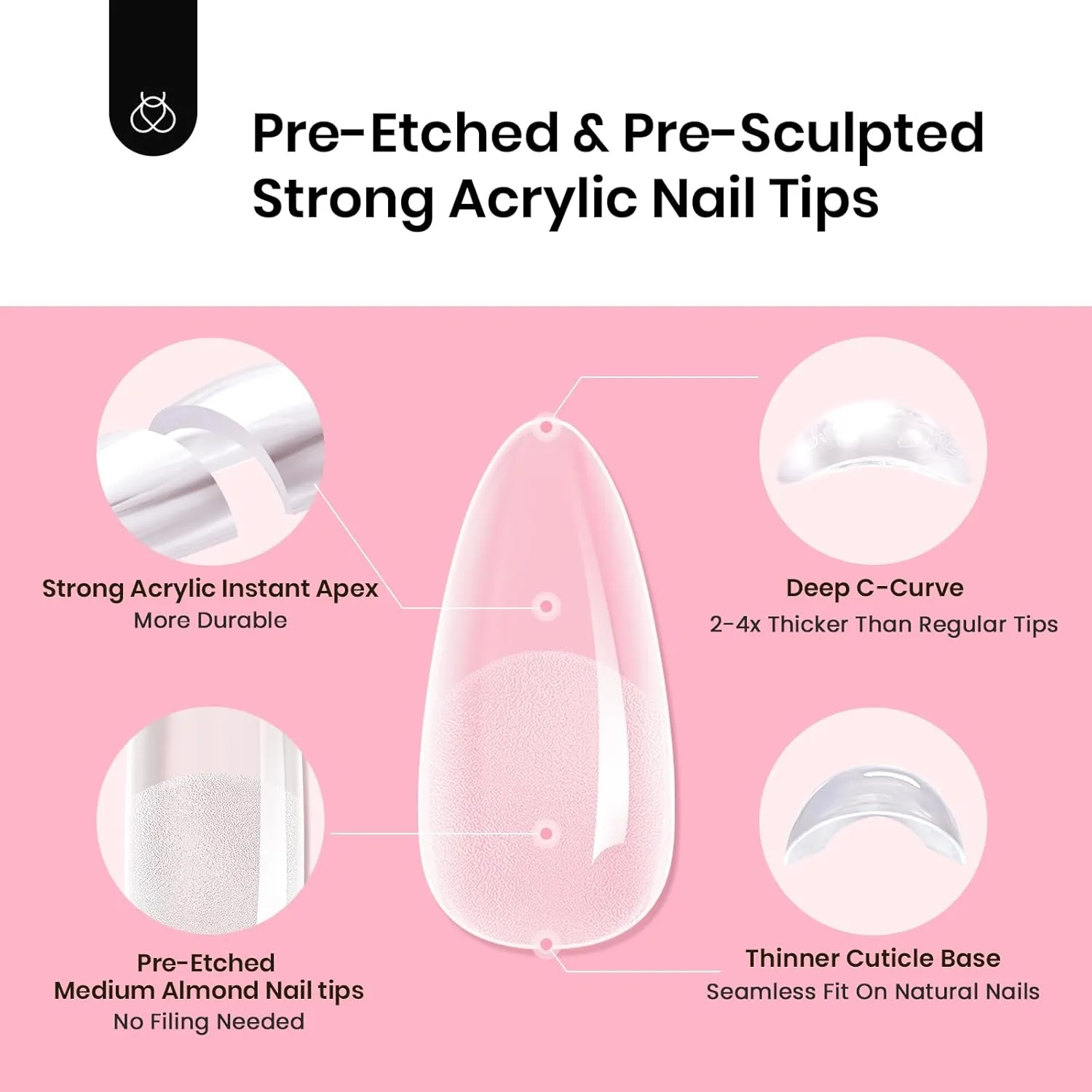 Beetles Tipex Instant Apex Nail Tips Medium Almond: 512 Pcs 16 Sizes Pre-Building Pre-Etched Full Cover Half Matte -Thick Acrylic Nail Tips for Flat Nails