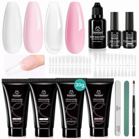 Beetles Poly Nail Extension Gel Kit, 4 Colors Pink White Poly Nail Gel Builder Sheer Pink Nail Gel Clear Nail Art Kit with Poly Brush & Slip Solution Nail Salon All In 1 Kit Gift for Women