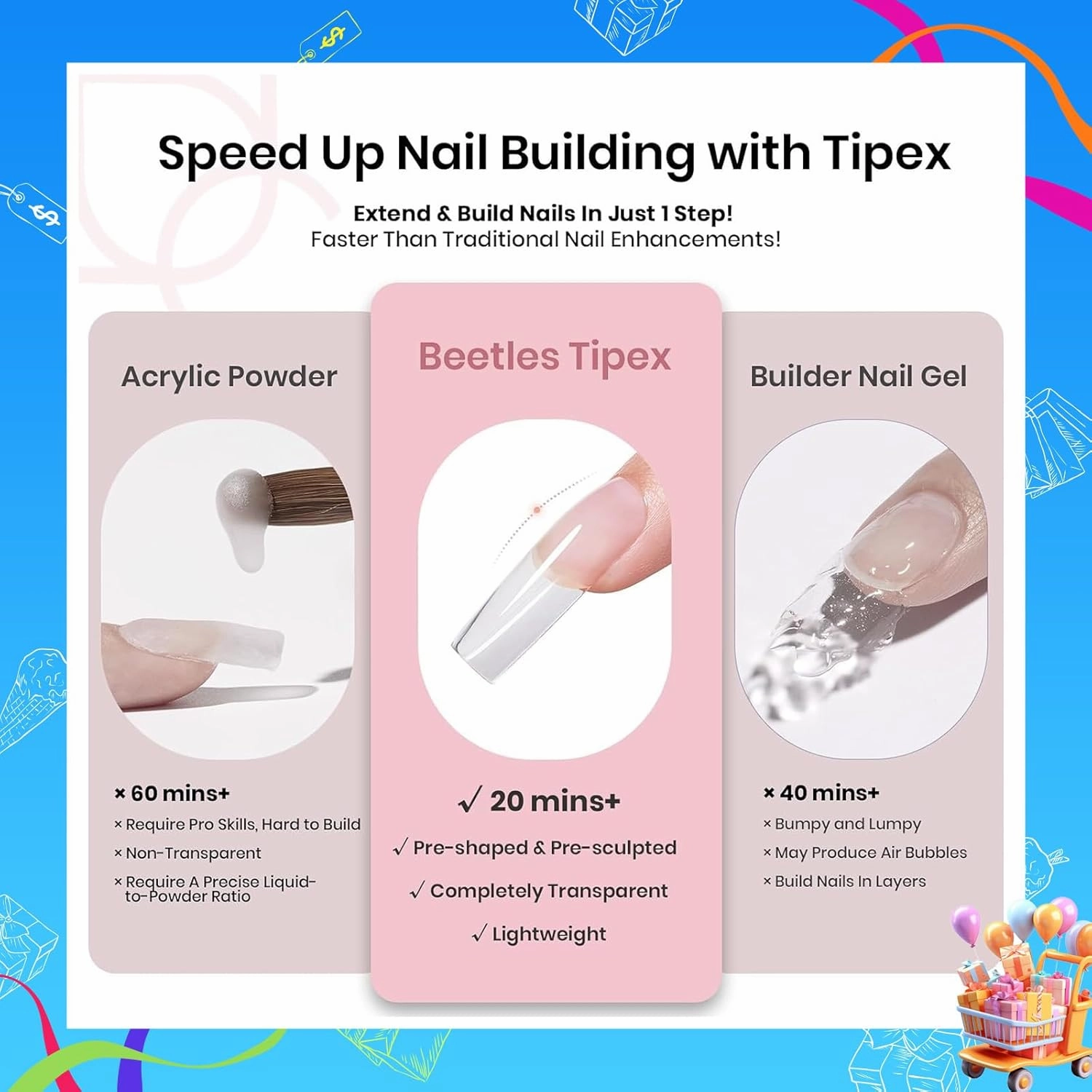 Beetles Tipex Instant Apex Nail Tips,192Pcs Pre-building & Pre-Etched Gel Nail Tips Long Square Thicker Acrylic Nails Strong Full Cover False Nail Extension Building Gel Press-on Nails for Flat Nails