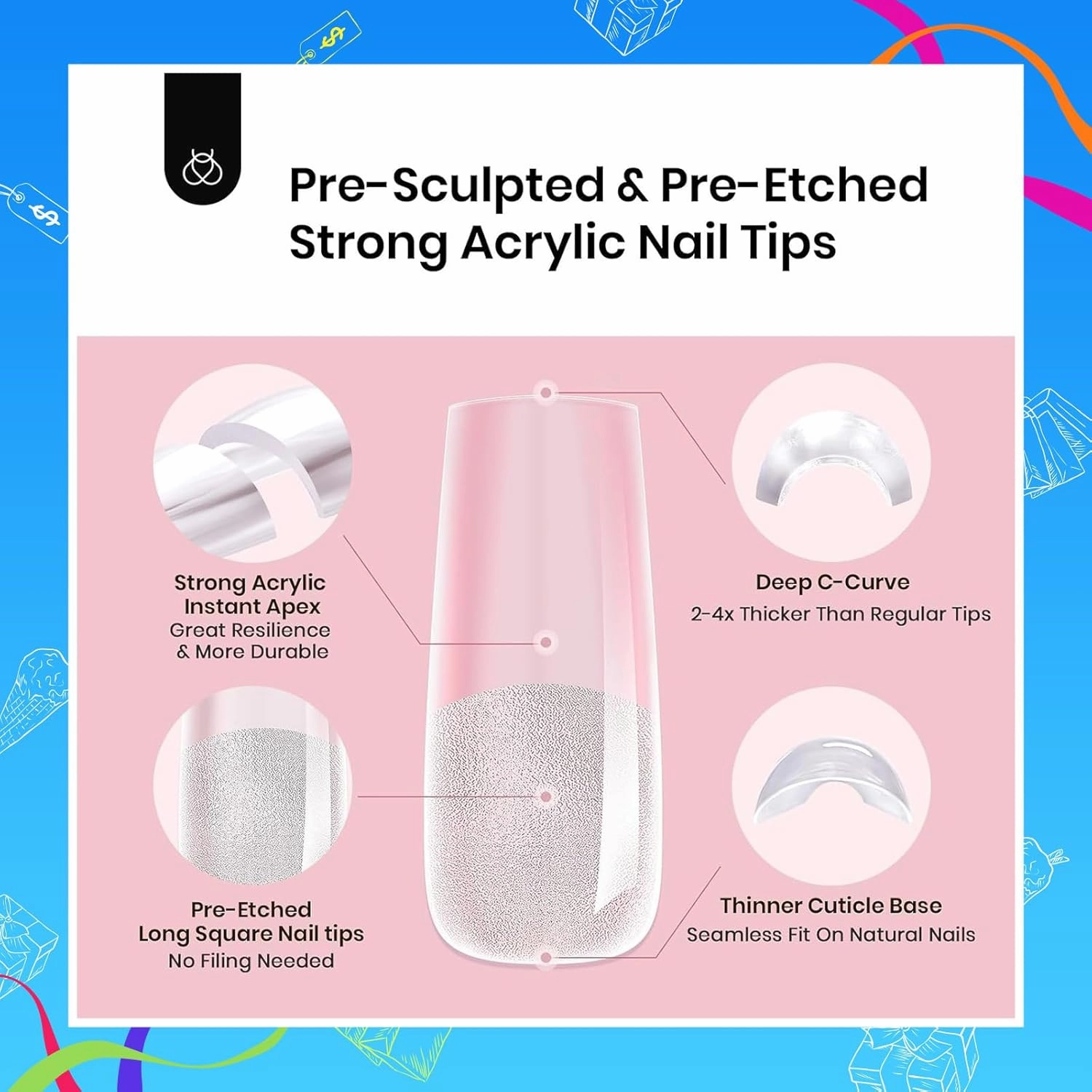 Beetles Tipex Instant Apex Nail Tips,192Pcs Pre-building & Pre-Etched Gel Nail Tips Long Square Thicker Acrylic Nails Strong Full Cover False Nail Extension Building Gel Press-on Nails for Flat Nails