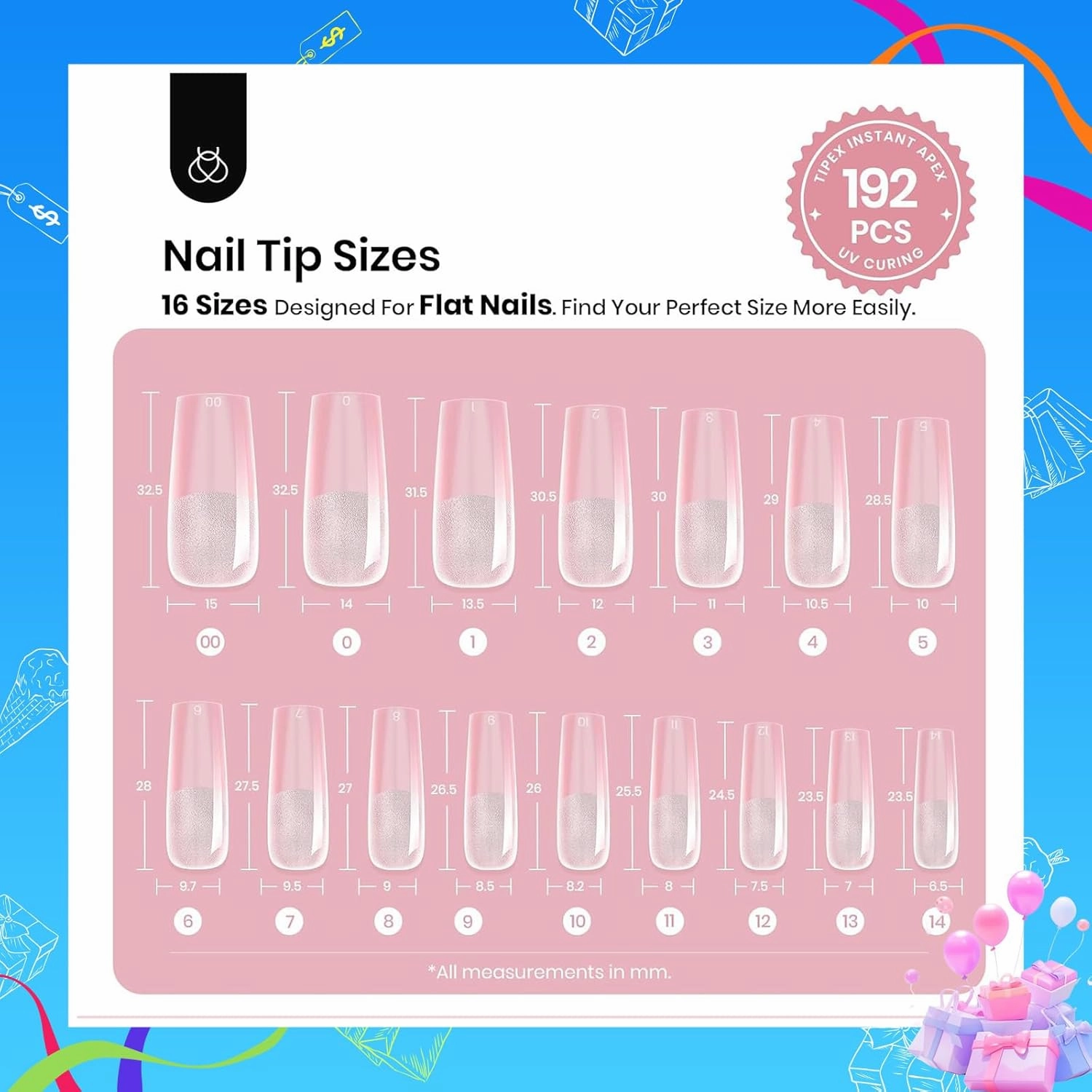 Beetles Tipex Instant Apex Nail Tips,192Pcs Pre-building & Pre-Etched Gel Nail Tips Long Square Thicker Acrylic Nails Strong Full Cover False Nail Extension Building Gel Press-on Nails for Flat Nails