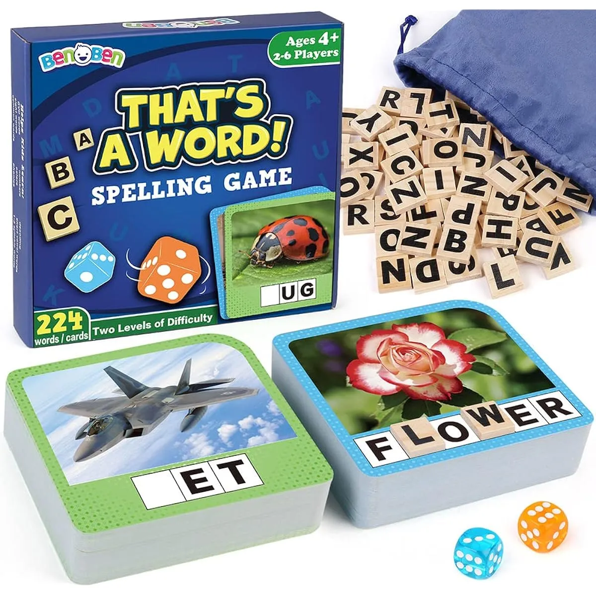BenBen Spelling Game, Sight Word Game with 224 Flash Cards, Learning Game for 2-6 Players, Educational Phonic Games for Kindergarten, 1st Grade, 2nd Grade, 3rd Grade, Preschool Classroom Essentials