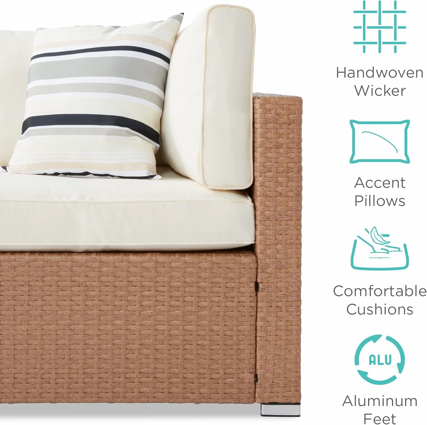 Best Choice Products 7-Piece Modular Outdoor Sectional Wicker Patio Conversation Set w/ 2 Pillows, Coffee Table, Cover Included - Natural/Ivory