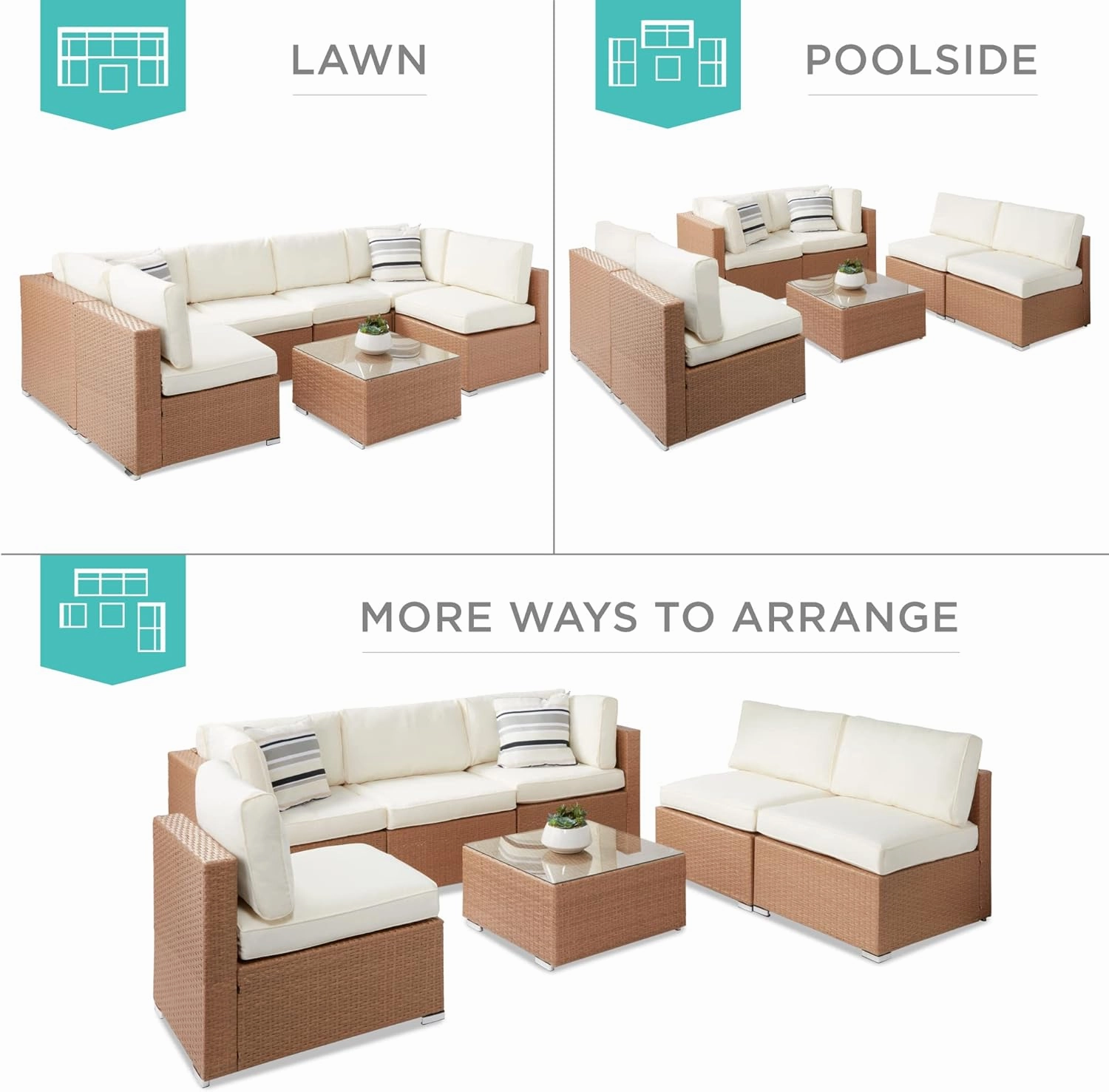 Best Choice Products 7-Piece Modular Outdoor Sectional Wicker Patio Conversation Set w/ 2 Pillows, Coffee Table, Cover Included - Natural/Ivory