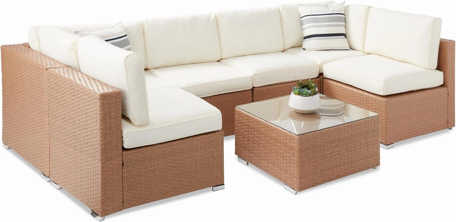Best Choice Products 7-Piece Modular Outdoor Sectional Wicker Patio Conversation Set w/ 2 Pillows, Coffee Table, Cover Included - Natural/Ivory