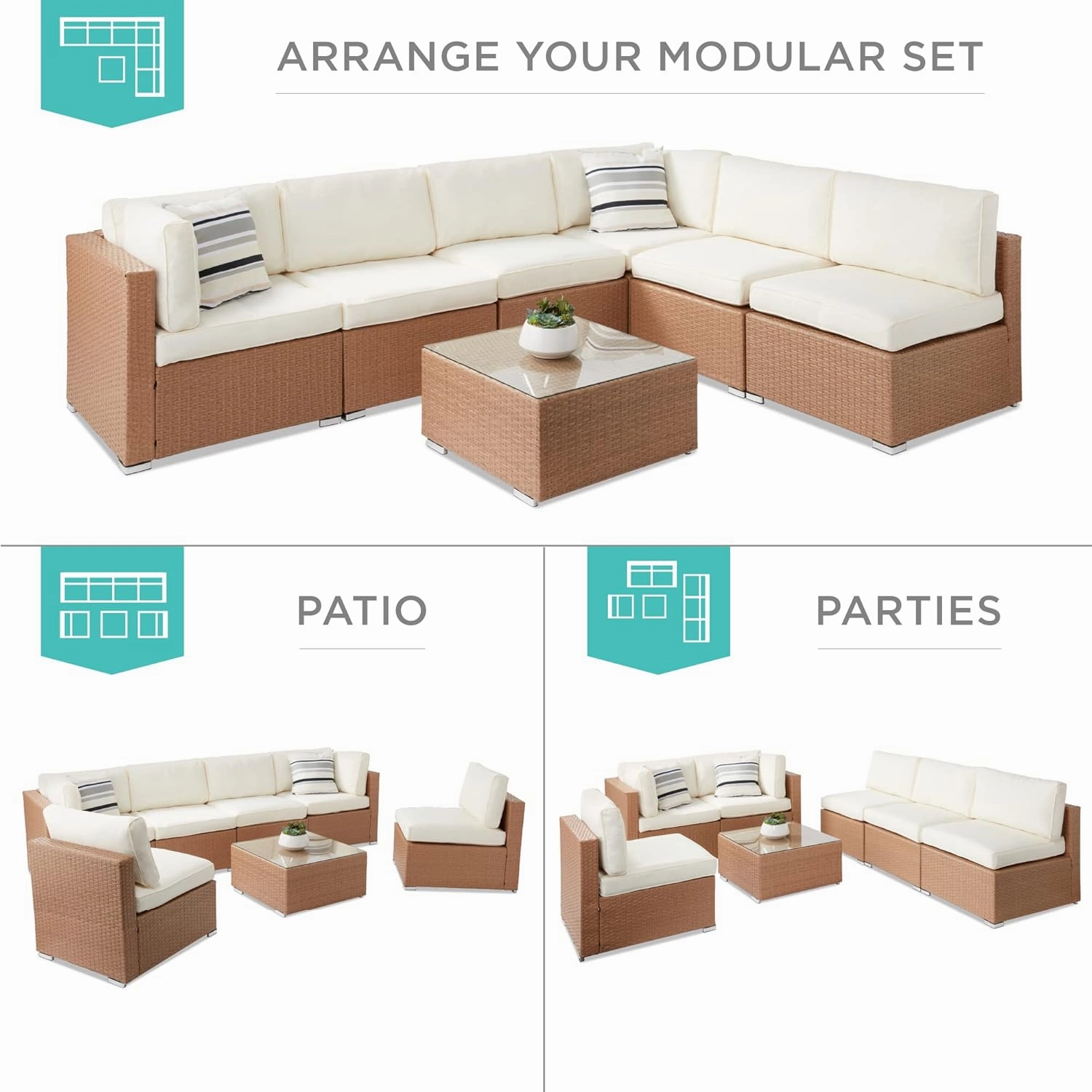 Best Choice Products 7-Piece Modular Outdoor Sectional Wicker Patio Conversation Set w/ 2 Pillows, Coffee Table, Cover Included - Natural/Ivory
