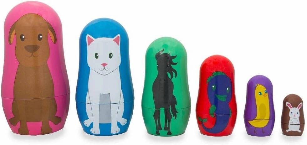 BestPysanky 6 Animals: Dog, Cat, Horse, Fish, Chick, Bunny Plastic Nesting Dolls 4.5 Inches