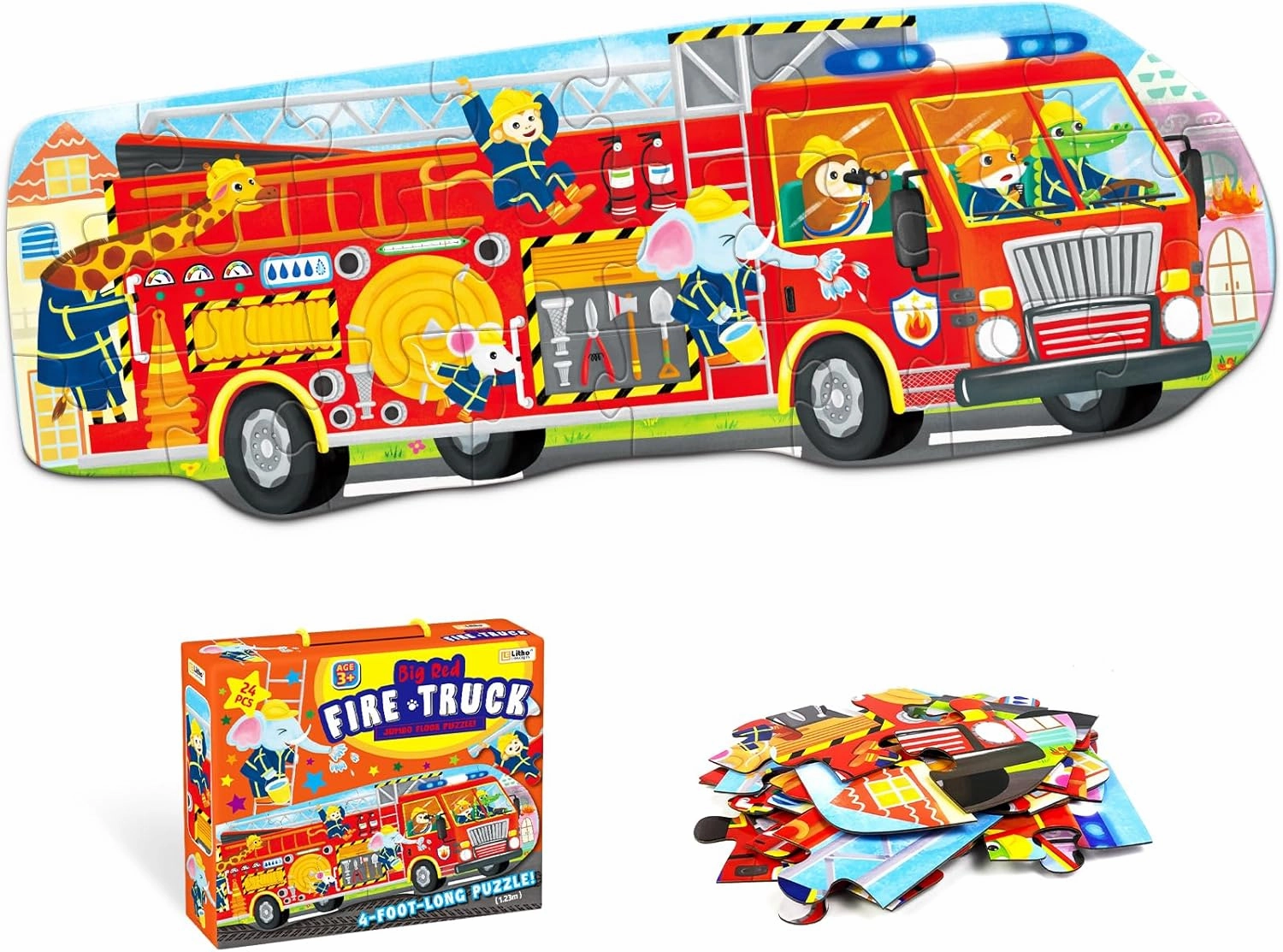 Big Red Fire Truck 4-Foot Long Jumbo Floor Puzzle - 24 Extra-Large Pieces, Fun Educational Toy for Kids Ages 3 , Durable & Easy to Assemble