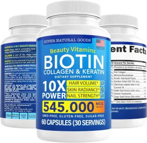 Biotin and Collagen Vitamins   Keratin with Folate - Hair Loss Treatments for Women & Men - Follicle, Skin and Nails Supplements for Hair Growth & Postpartum Support - GMO Free & Gluten Free (60 Caps)