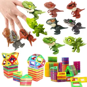 Biting Finger Dinosaur Toys Magnetic Tiles - Magnet Building Blocks Toddler Dinosaur World Creative Games Kids Magnetic Set Castle Tiles Educational STEM Toys（2）