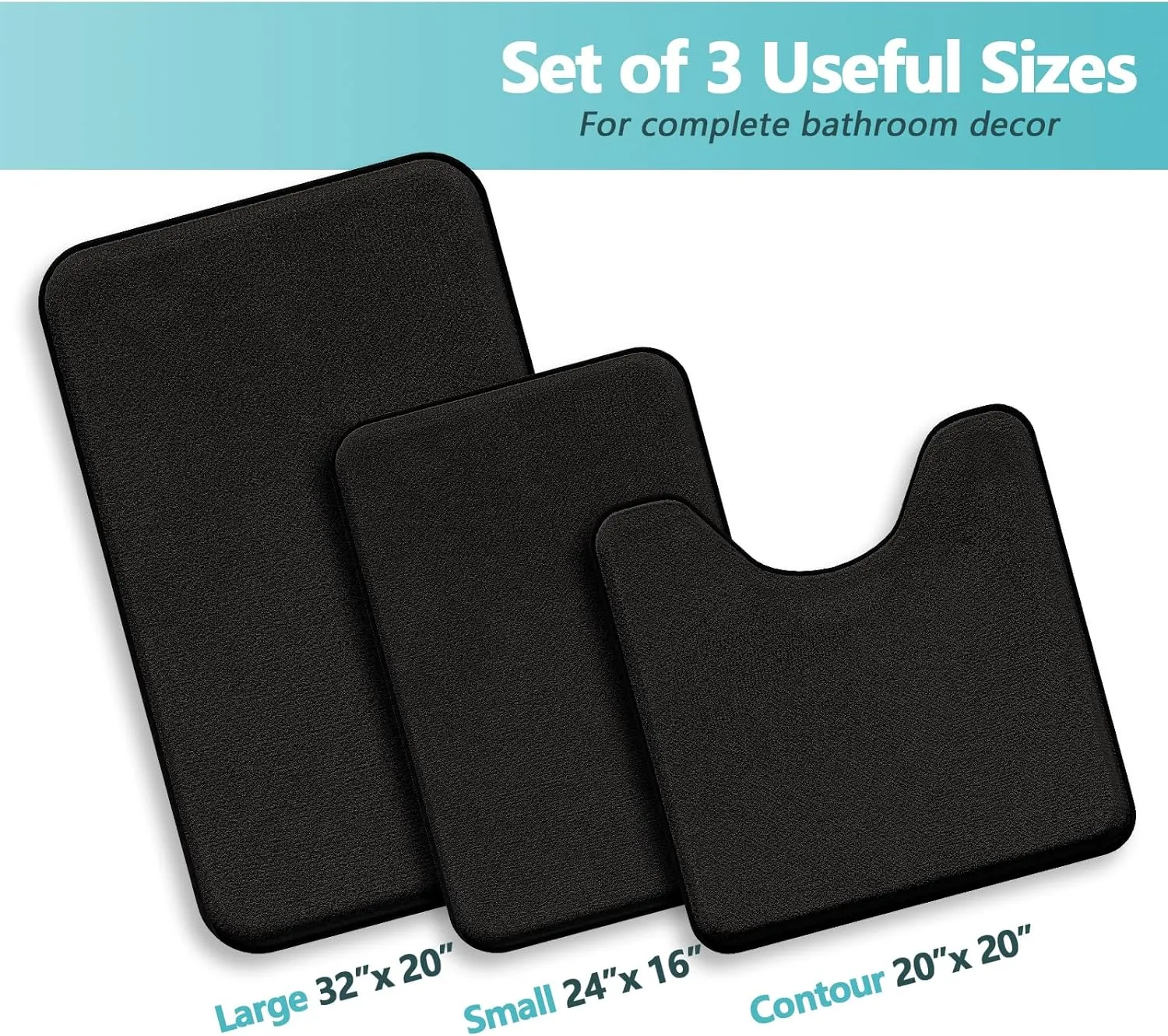 Black Bathroom Rug Set Memory Foam Bath Mats 3 Piece with Toilet Mats, Soft & Supportive, Shock Absorbing, Water Absorbent, Non-Slip Bath Rugs, Machine Washable, Area Rug, Home Decor Accessories